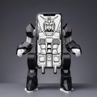 Desk Phone Holder, Robo Sci-Fi Mech Style, Black and White, with Charging Port Access, Decorative Stand