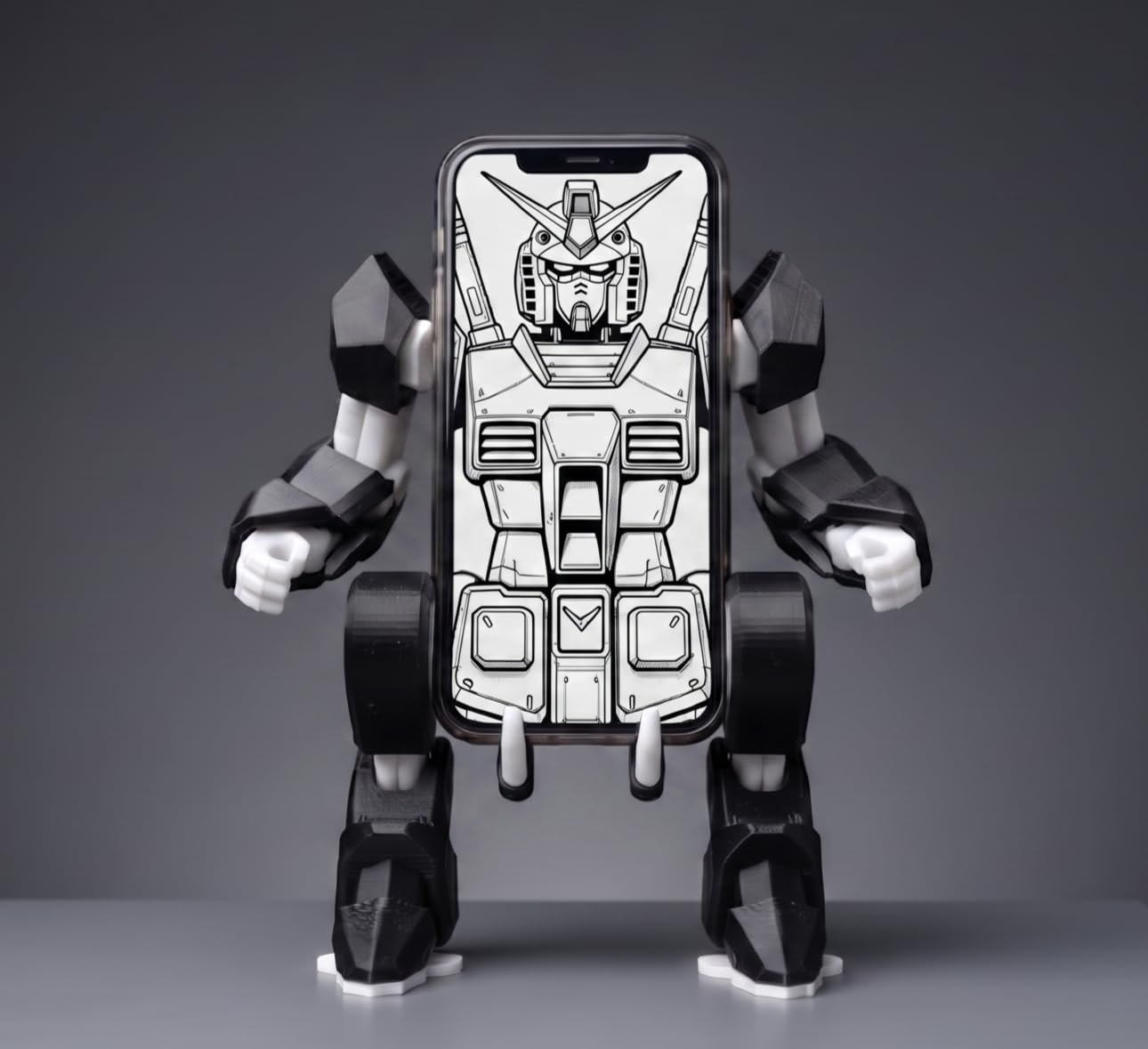 Desk Phone Holder, Robo Sci-Fi Mech Style, Black and White, with Charging Port Access, Decorative Stand