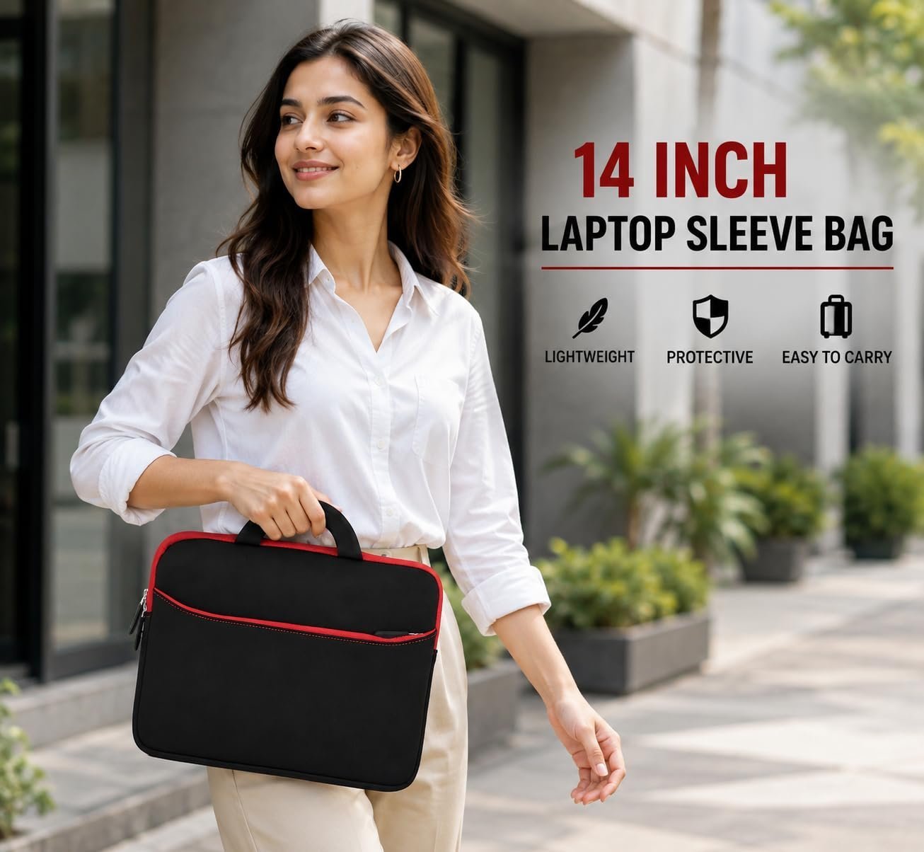 Laptop Sleeve Bag for 14 Inch Laptop | Neoprene Laptop Carrying Case with Handle & Front Zipper Pocket | Protective Computer Bag for Office, College & Travel | Black - Image 2