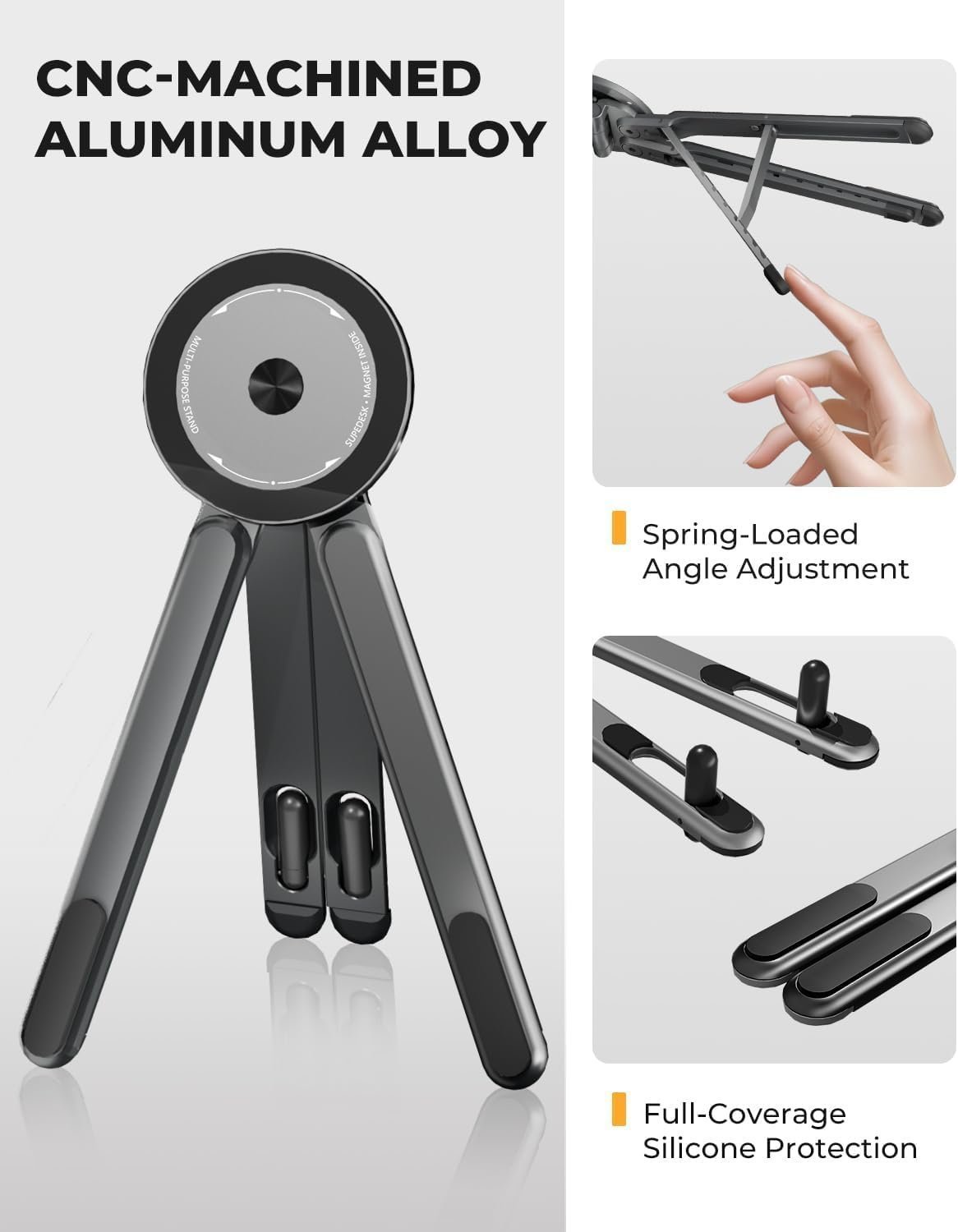 Magnetic Phone Tripod Stand, 3-in-1 Adjustable Holder for iPhone iPad Laptop, 8-Level Height & Angle, Portable Aluminum Alloy Desktop Stand, Compatible with 4-13” iPhone, 10-16” Laptops & Tablets - Image 3