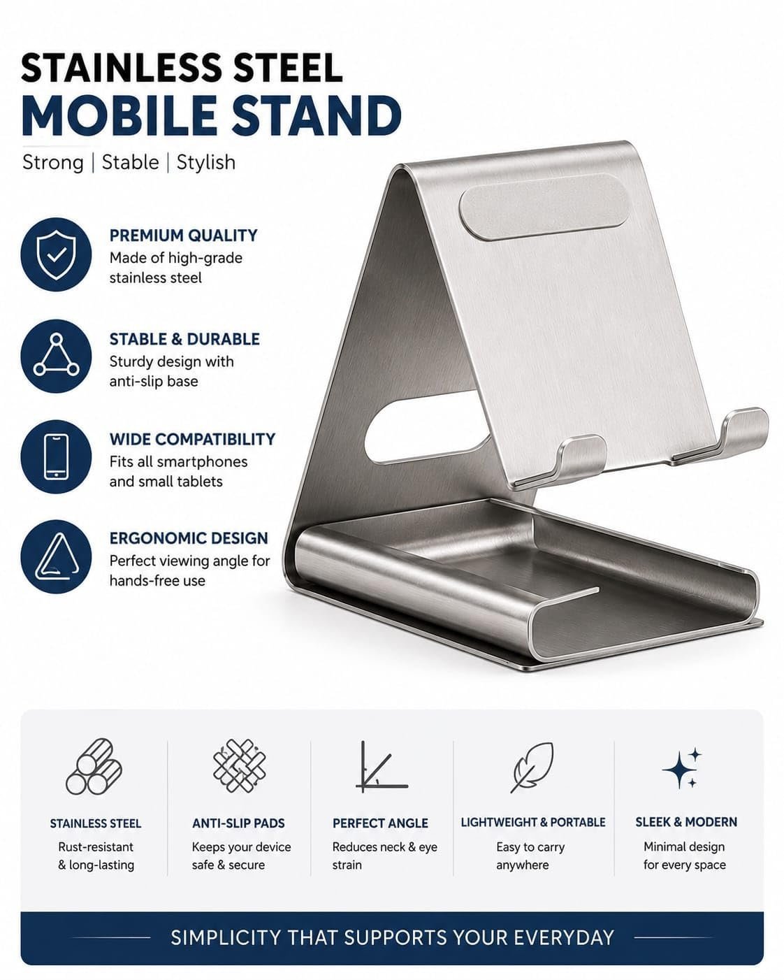 Universal Mobile Holder Stand with Stainless Steel Body, Anti Skid Design, Light Weight for All Smartphones, Tablets - Image 3