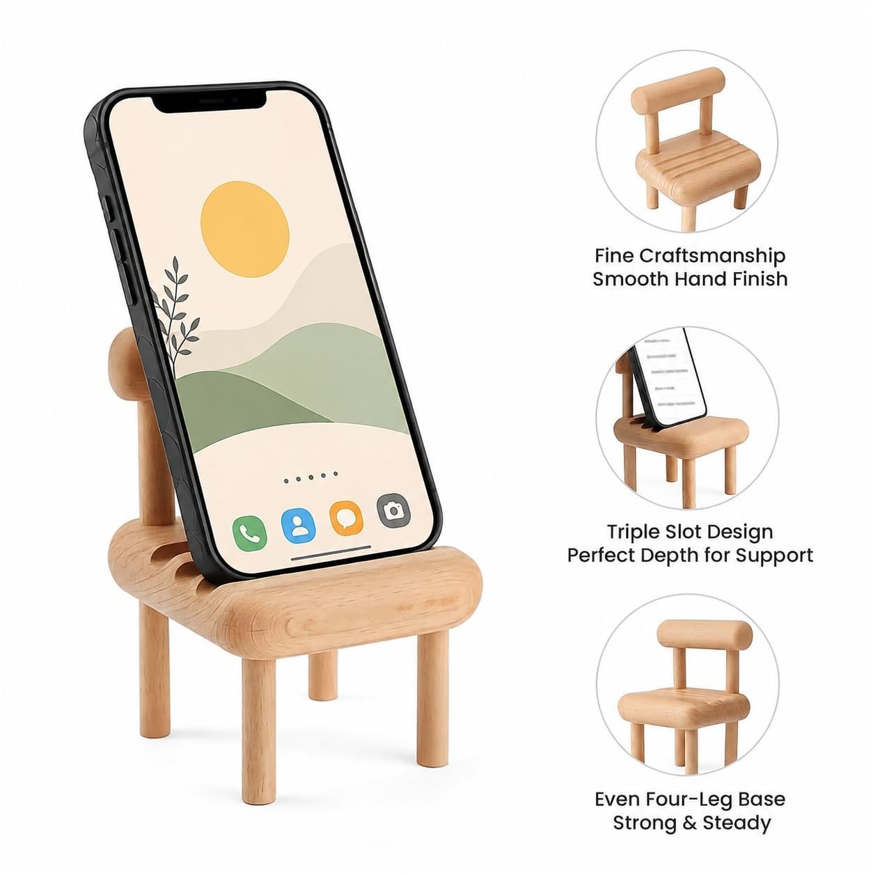 Wooden Mobile Stand | Mini Chair Shaped Phone Holder | Universal Smartphone Stand (Natural Wood Finish) - Image 2