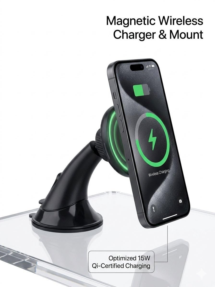 Egnius Wireless Car Charger with 15 Watts Fast Charging (Qi Compatible), Free Type-C Cable, 360° Rotation, for iPhone & Android Smartphones (Black) - Image 2