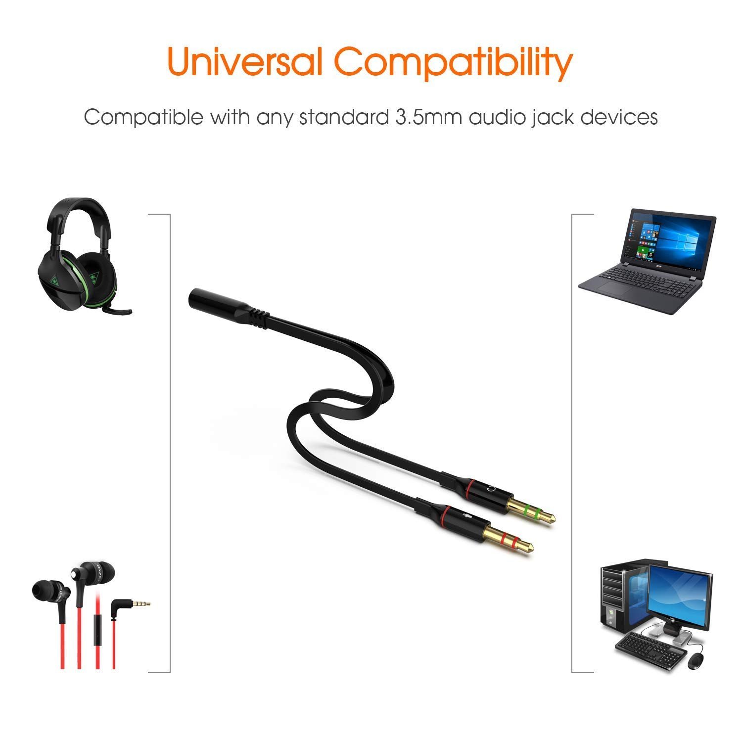 Gold Plated 3.5 mm Headphone Splitter for Computer 2 Male to 1 Female 3.5mm Headphone Mic Audio Y Splitter Cable Smartphone Headset to PC Adapter – (Black,20cm) - Image 5