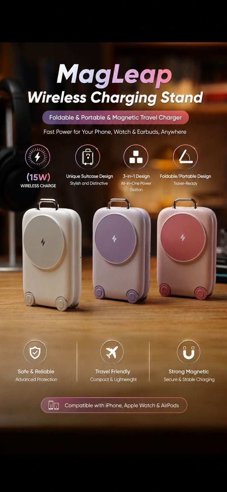 Compact Traveling Fast Wireless Charging Station for Apple Devices, Magnetic 3 in 1 MagSafe Charger Stand for iPhone 17 16 15 14 13 12 Pro Max Plus Air, Apple Watch&Air pods Pro (Pink) - Image 2