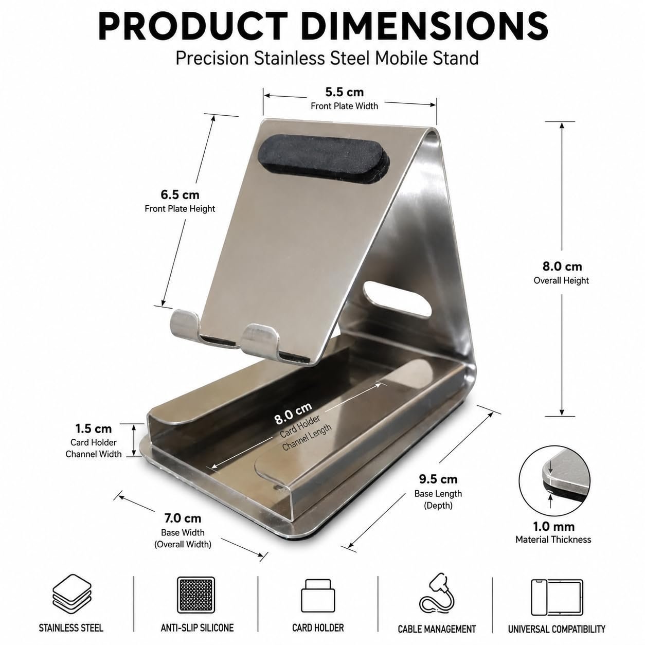 Mobile Stand with Card Holder for Table/Desk, Stainless Steel Phone Holder, Hands-Free Desktop Stand for Smartphones - Image 4
