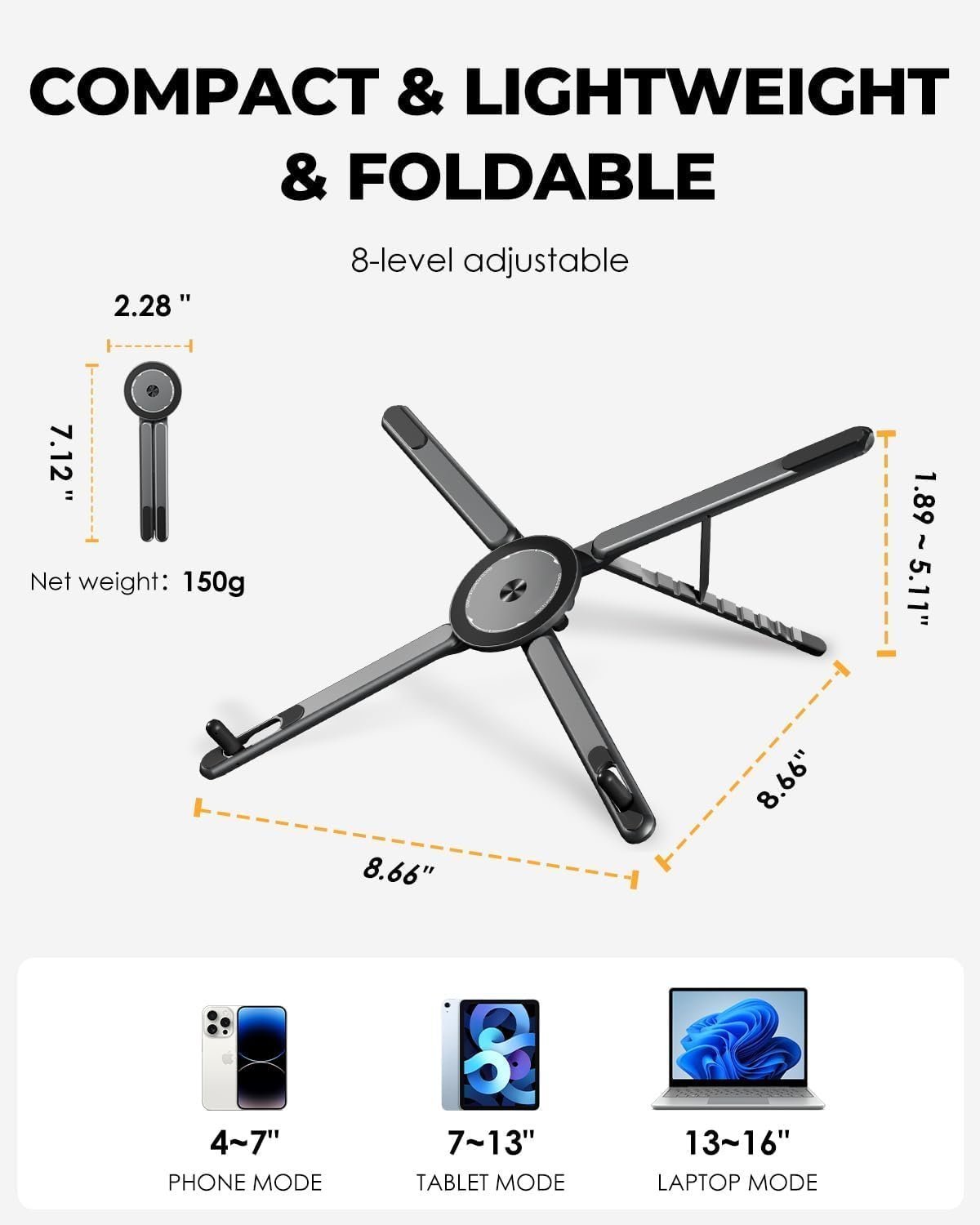 Magnetic Phone Tripod Stand, 3-in-1 Adjustable Holder for iPhone iPad Laptop, 8-Level Height & Angle, Portable Aluminum Alloy Desktop Stand, Compatible with 4-13” iPhone, 10-16” Laptops & Tablets - Image 2