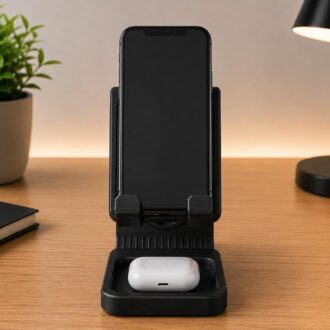 Phone Stand for Desk, Universal Mobile Holder with Storage Tray for Earbuds, Compatible with All Smartphones – Black
