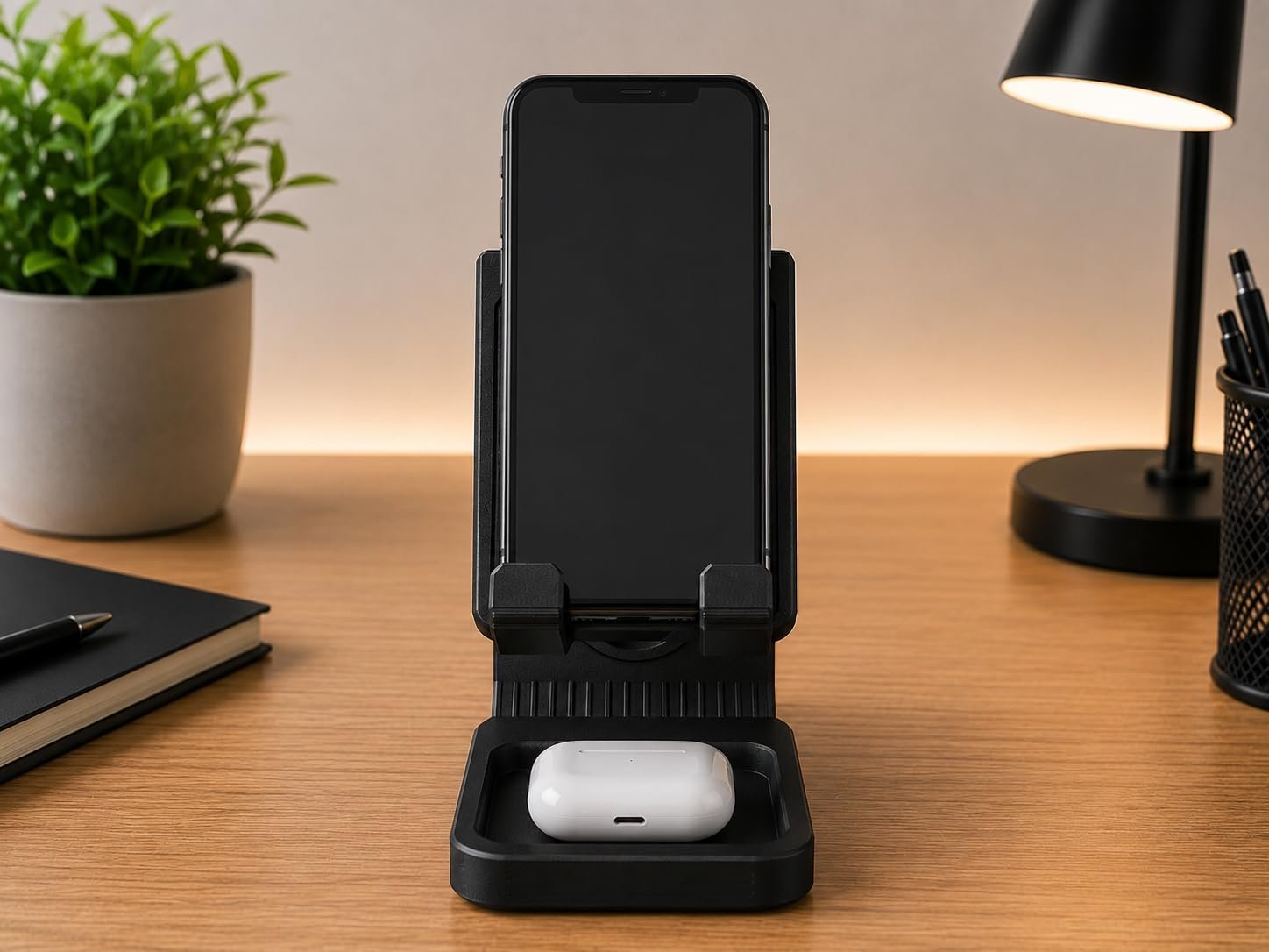 Phone Stand for Desk, Universal Mobile Holder with Storage Tray for Earbuds, Compatible with All Smartphones – Black