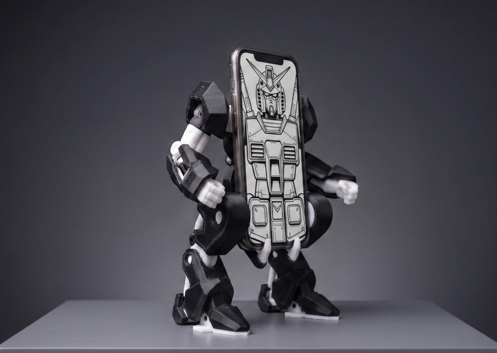 Desk Phone Holder, Robo Sci-Fi Mech Style, Black and White, with Charging Port Access, Decorative Stand - Image 4