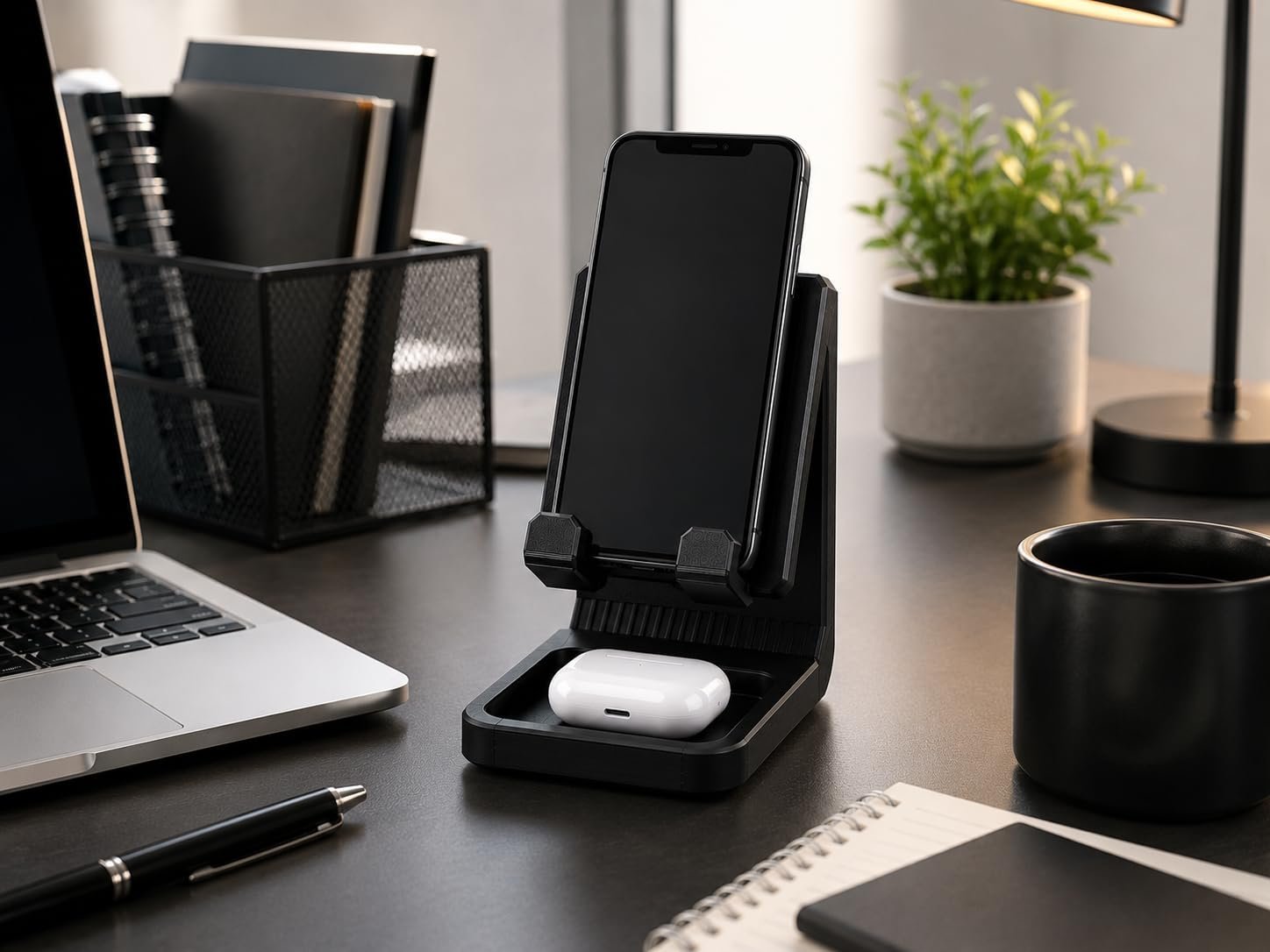 Phone Stand for Desk, Universal Mobile Holder with Storage Tray for Earbuds, Compatible with All Smartphones – Black - Image 4