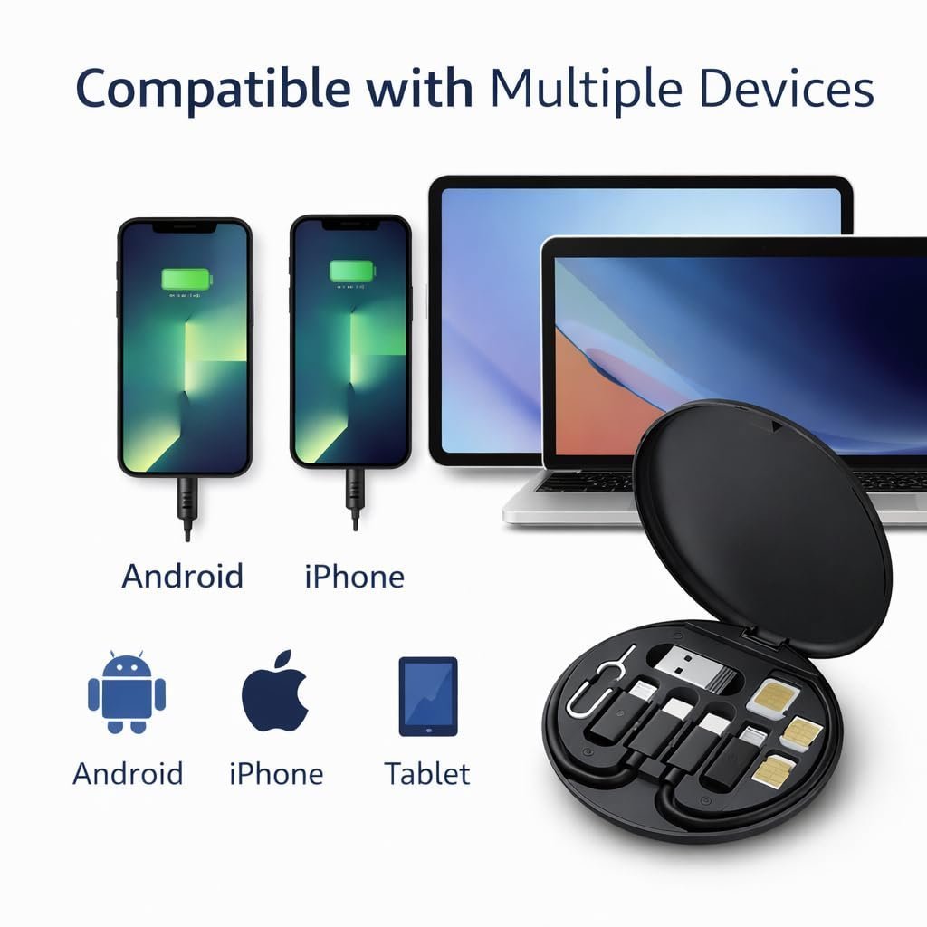 Compact Travel Adapter Kit, 5-in-1 Multi Charging Cable with USB-C to Lightning/Type-C/Micro/USB-A, SIM Eject Tool, SIM Card Slots, Black - Image 5