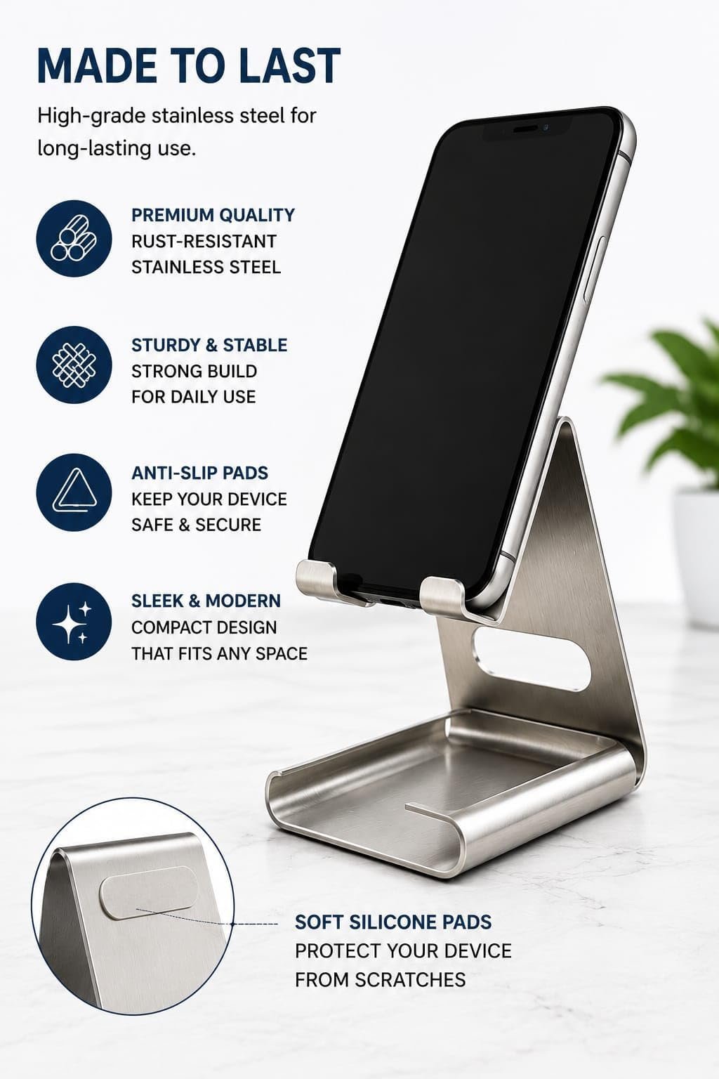 Universal Mobile Holder Stand with Stainless Steel Body, Anti Skid Design, Light Weight for All Smartphones, Tablets - Image 2