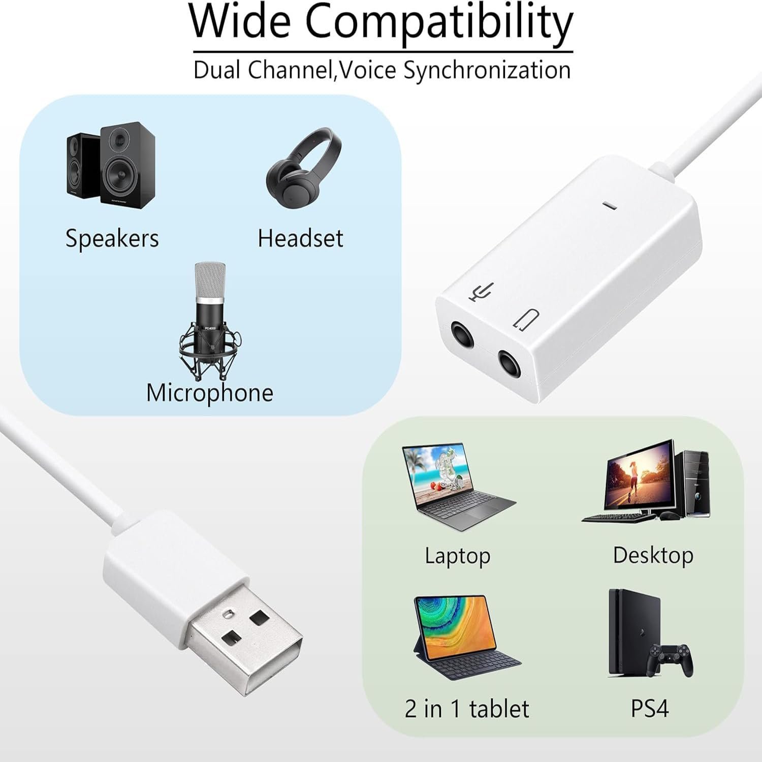 USB External Sound Card Adapter, Dual Channel Audio Interface Compatible with Desktop, Laptop, PS4, Tablet, Voice Synchronization for Speakers, Headset, Microphone - Image 2