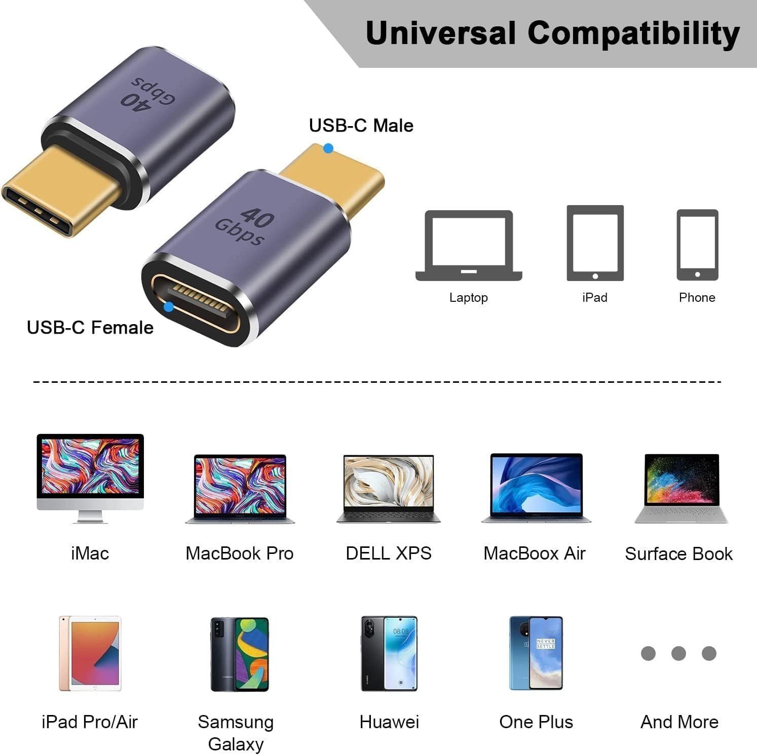 USB C Adapter, USB Type C Male to Female Adapter Extender Support 100W, 40Gbps, 8K@60Hz for Thunderbolt 4/3, MacBook Pro/Air, Laptop, Tablet, Phones and More Type C Devices (Male to Female) - Image 6