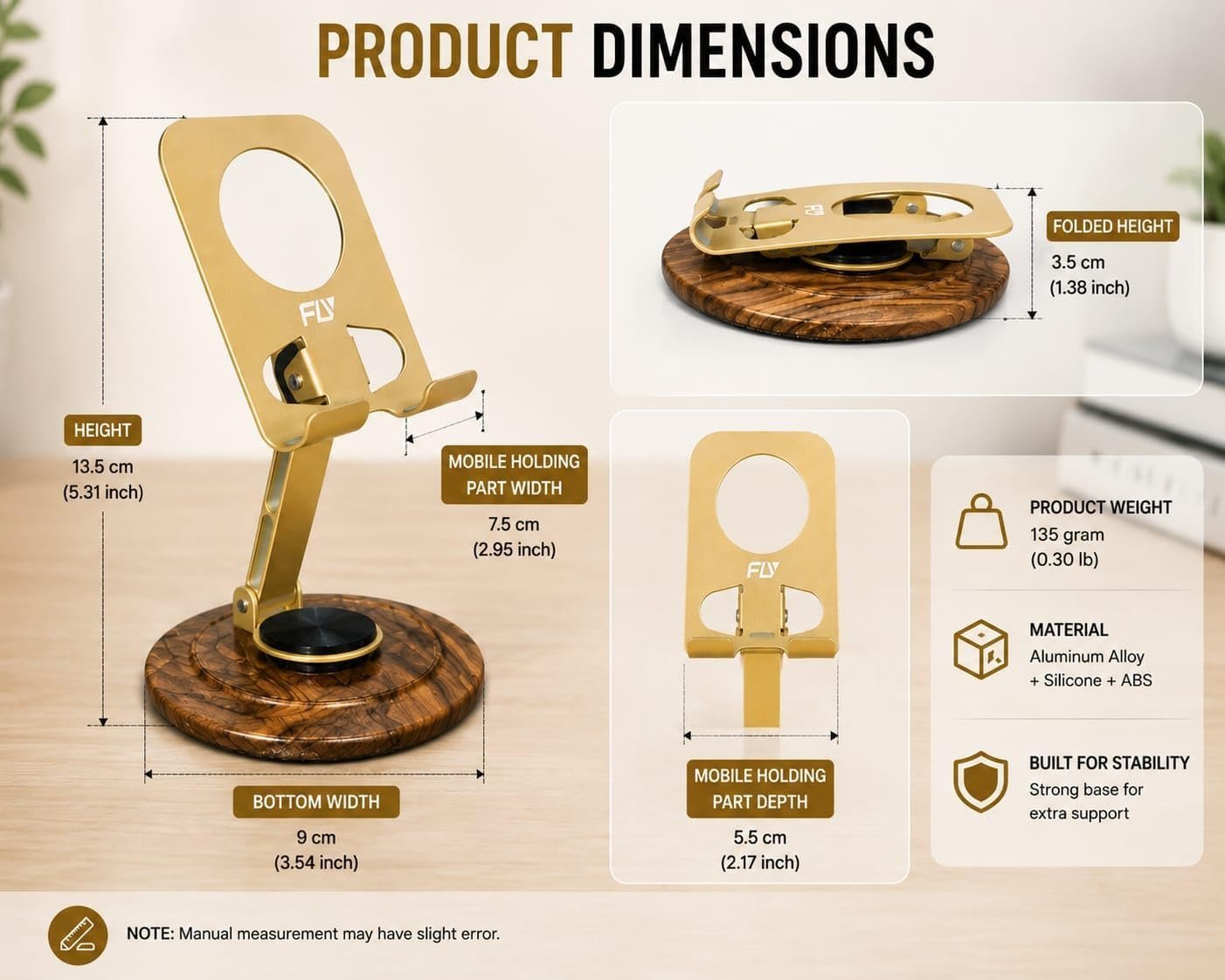 Foldable Metal Mobile Phone Stand with 360° Rotating Base, Adjustable Height & Angle, Desktop Holder for Smartphones & Tablets (Gold) - Image 6