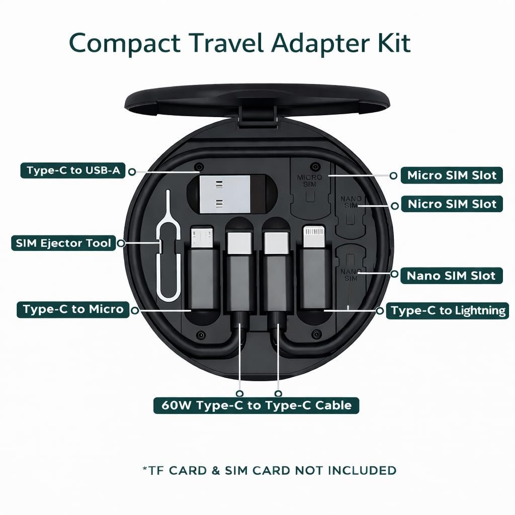 Compact Travel Adapter Kit, 5-in-1 Multi Charging Cable with USB-C to Lightning/Type-C/Micro/USB-A, SIM Eject Tool, SIM Card Slots, Black - Image 2