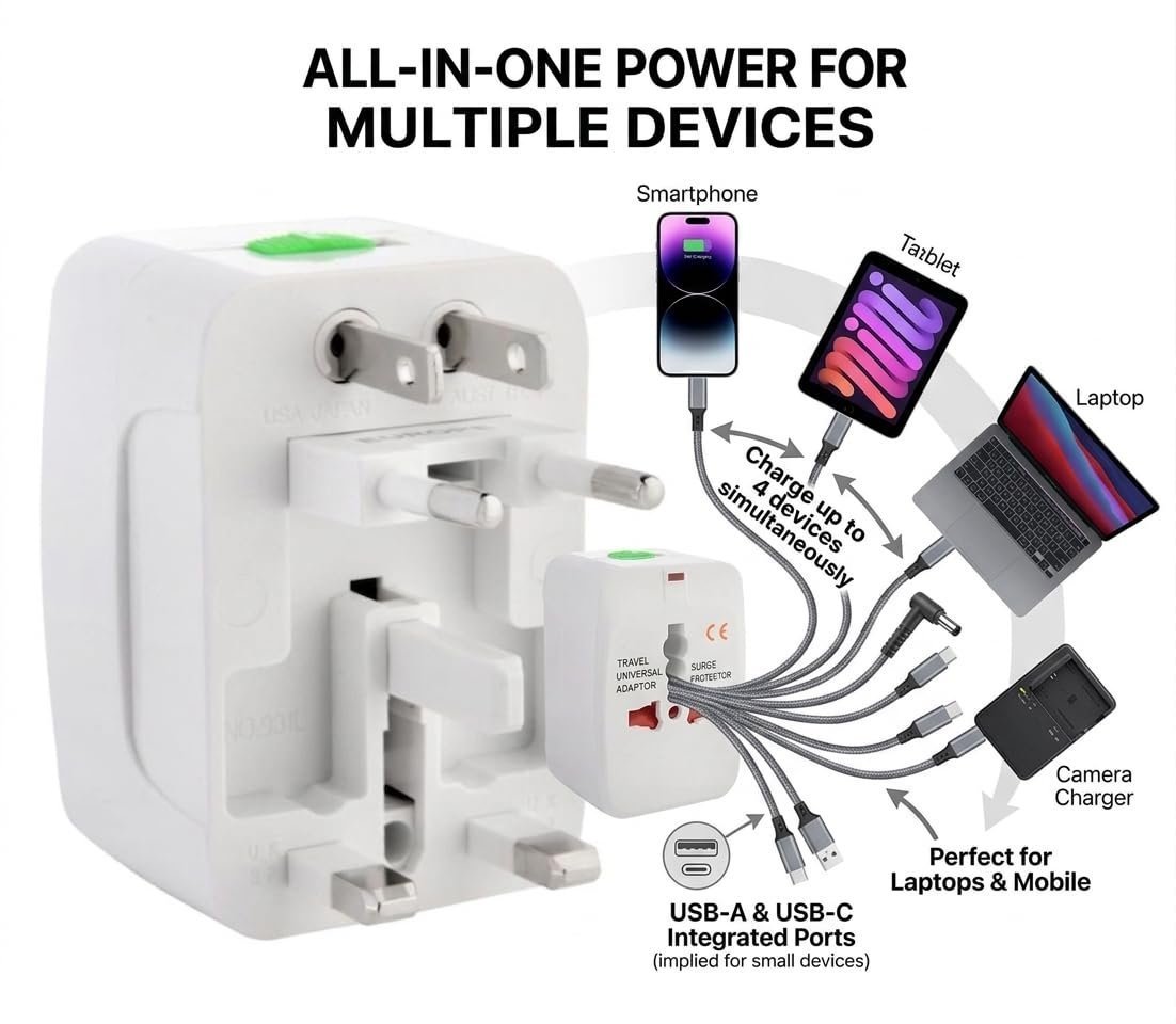 Universal Travel Adapter with USB-C & Dual USB, International Travel Adapter, Worldwide Plug Adapter, All-in-One Power Adapter, Surge Protector - Image 4