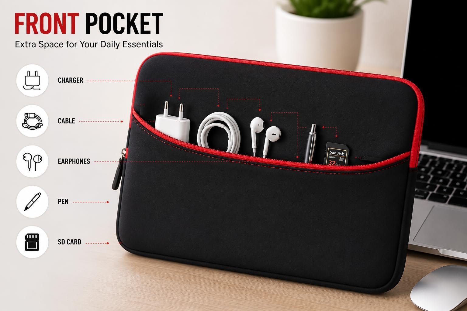Laptop Sleeve Bag for 14 Inch Laptop | Neoprene Laptop Carrying Case with Handle & Front Zipper Pocket | Protective Computer Bag for Office, College & Travel | Black - Image 3