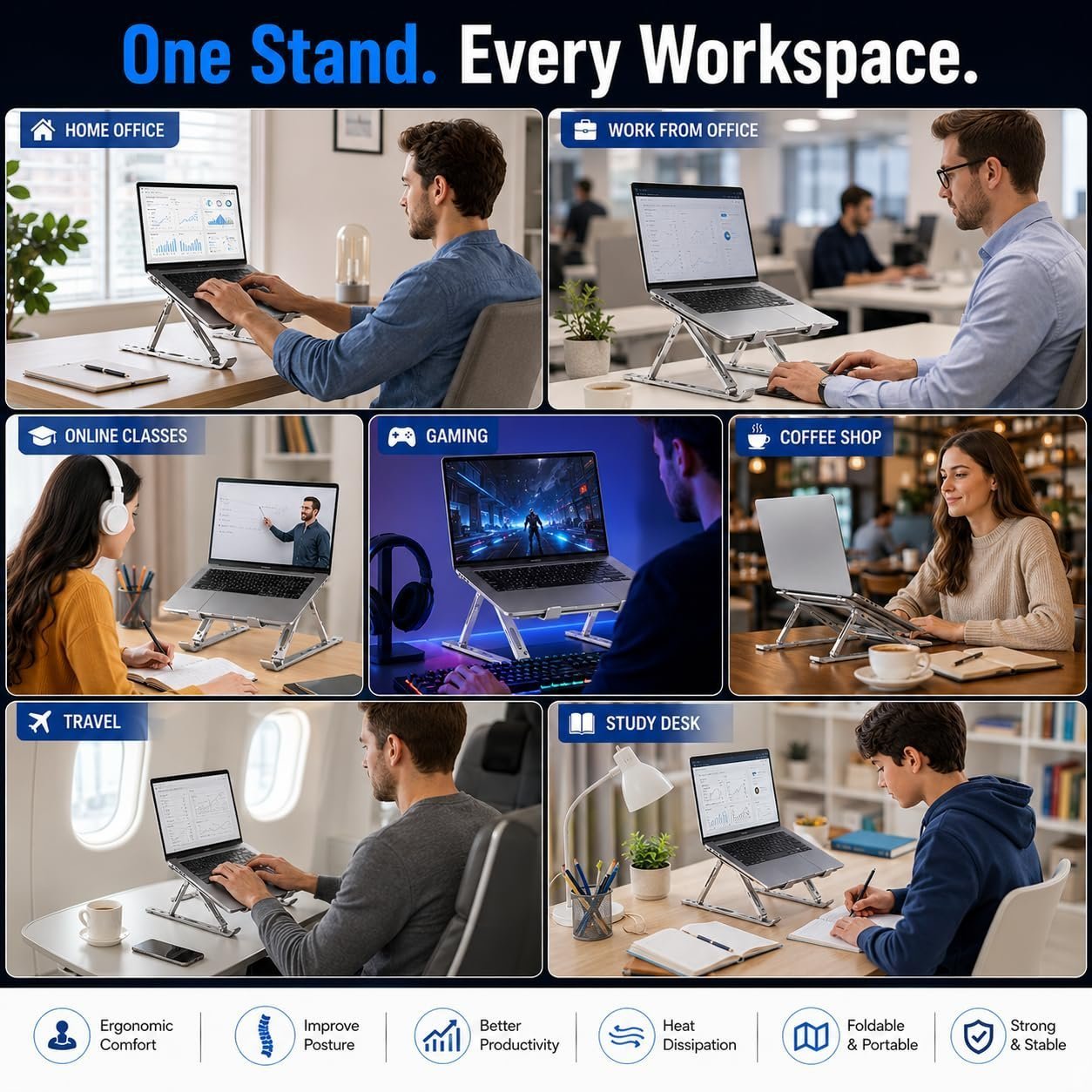 Aluminum Foldable Laptop Stand for Desk, Adjustable Ergonomic Notebook Stand, Portable Ventilated Laptop Riser Compatible with MacBook, HP, Dell, Lenovo, ASUS & Laptops Up to 17.3 Inch - Image 10