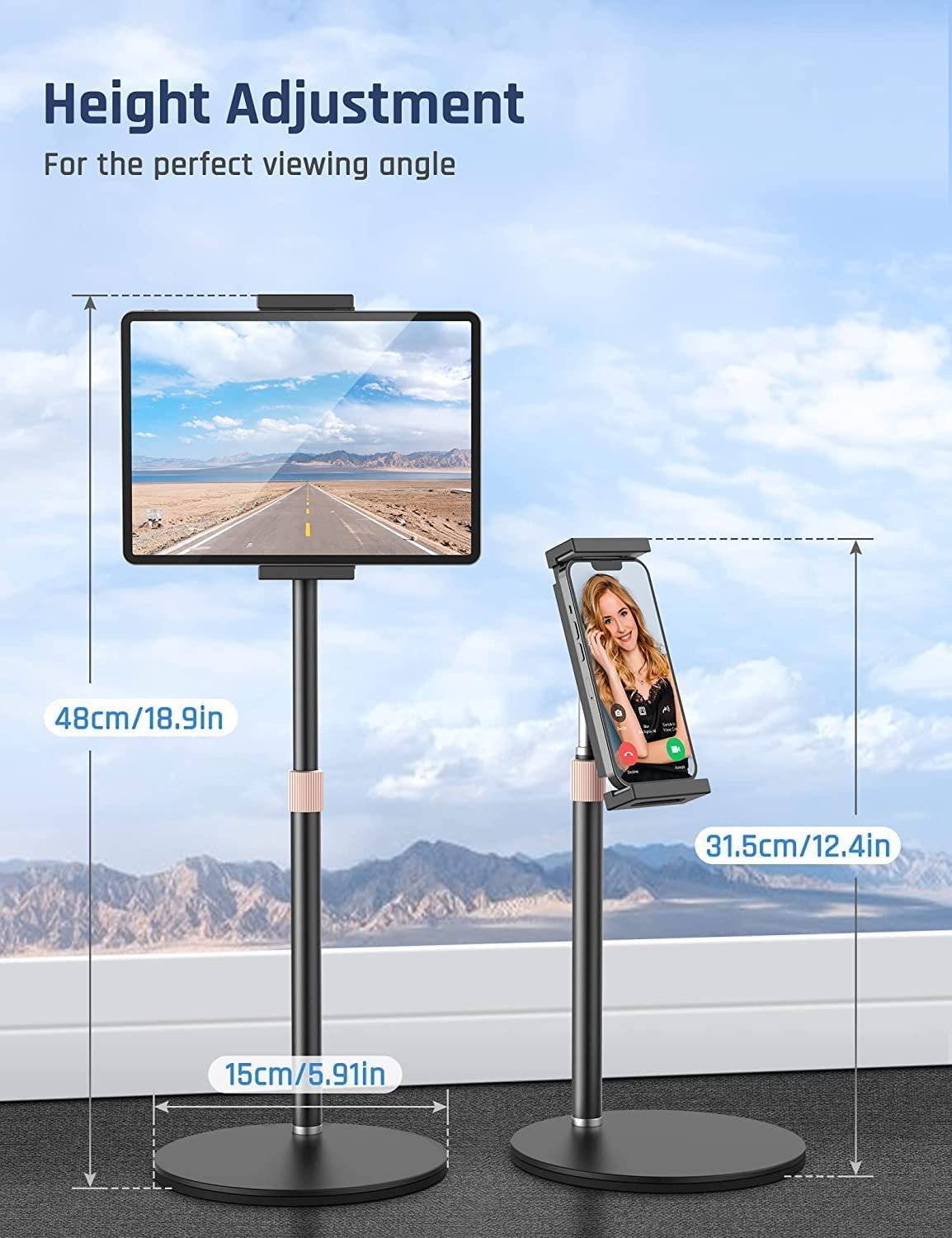 Tablet Stand Holder, Adjustable Height Tablet & Phone Stand for Desk, 360° Rotating Aluminum Metal Tablet Stand Mount Compatible for iPad Pro Air Mini, iPhone, Samsung, Kindle, Oneplus. (4"-11") - Image 2