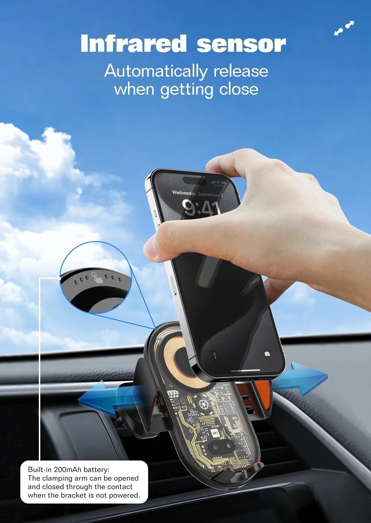 15W Fast Wireless Car Charger, Transparent Design, Smart Car Wireless Charger Phone Holder with Auto Sensor Clamping, Car Phone Holder Mount, Universal Compatibility - Image 6