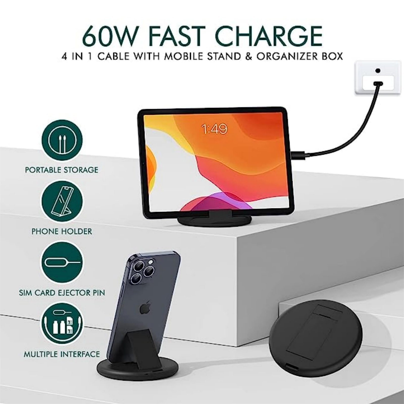 Compact Travel Adapter Kit, 5-in-1 Multi Charging Cable with USB-C to Lightning/Type-C/Micro/USB-A, SIM Eject Tool, SIM Card Slots, Black - Image 8