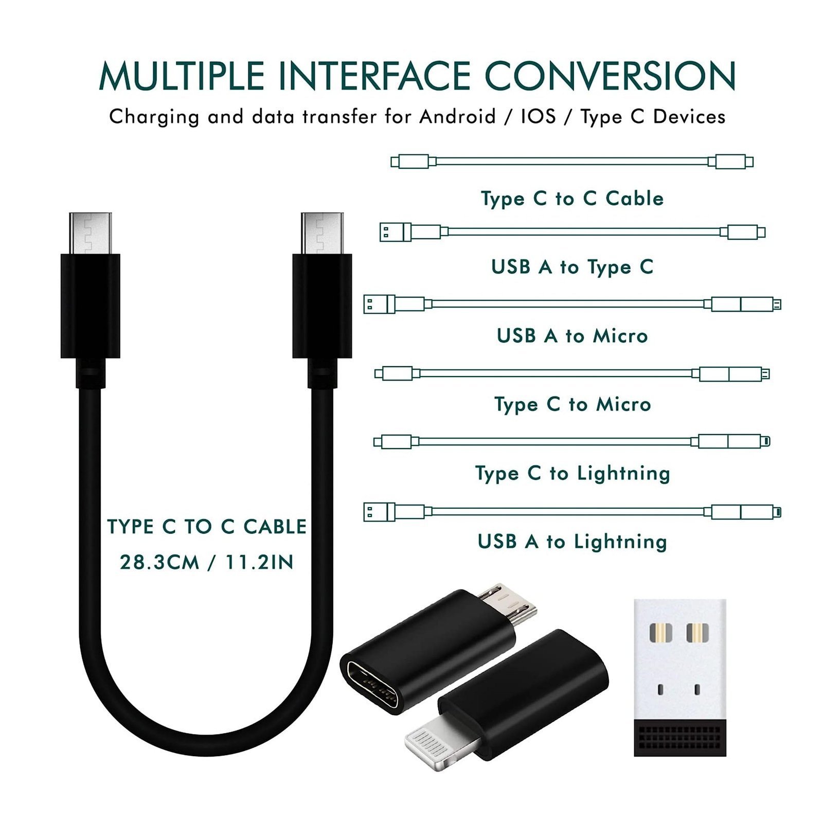 Compact Travel Adapter Kit, 5-in-1 Multi Charging Cable with USB-C to Lightning/Type-C/Micro/USB-A, SIM Eject Tool, SIM Card Slots, Black - Image 7