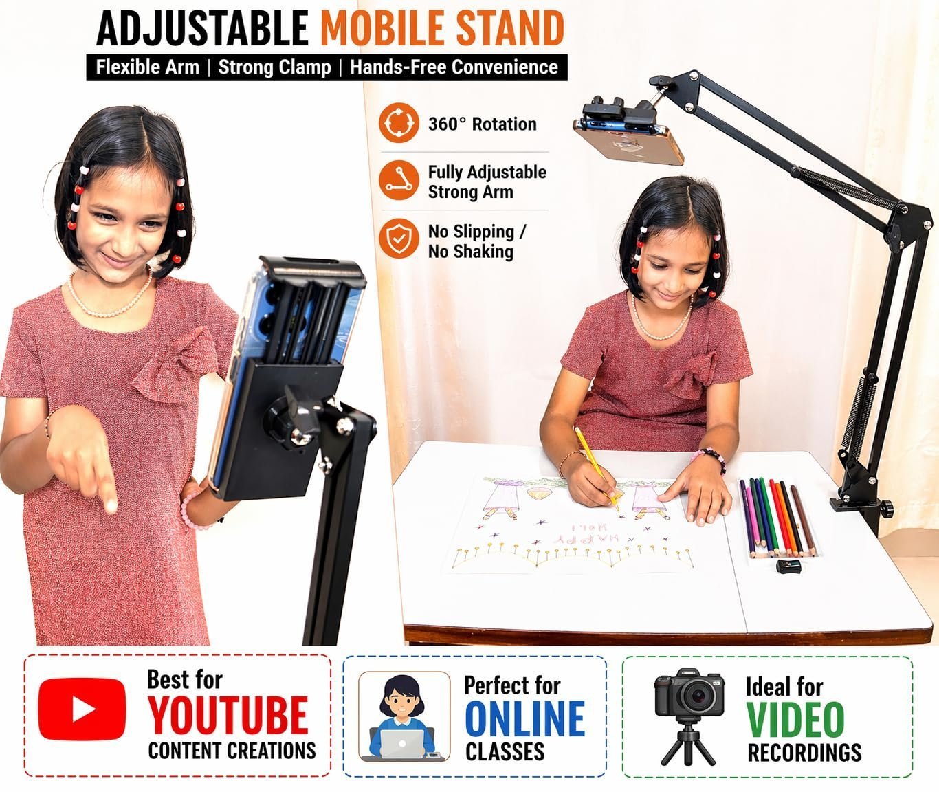 Adjustable Mobile Stand for Desk with Clamp | Overhead Arm Phone Holder for Video Recording, Online Classes & Live Streaming | 360° Flexible Long Arm | Compatible with All Smartphone - Image 3