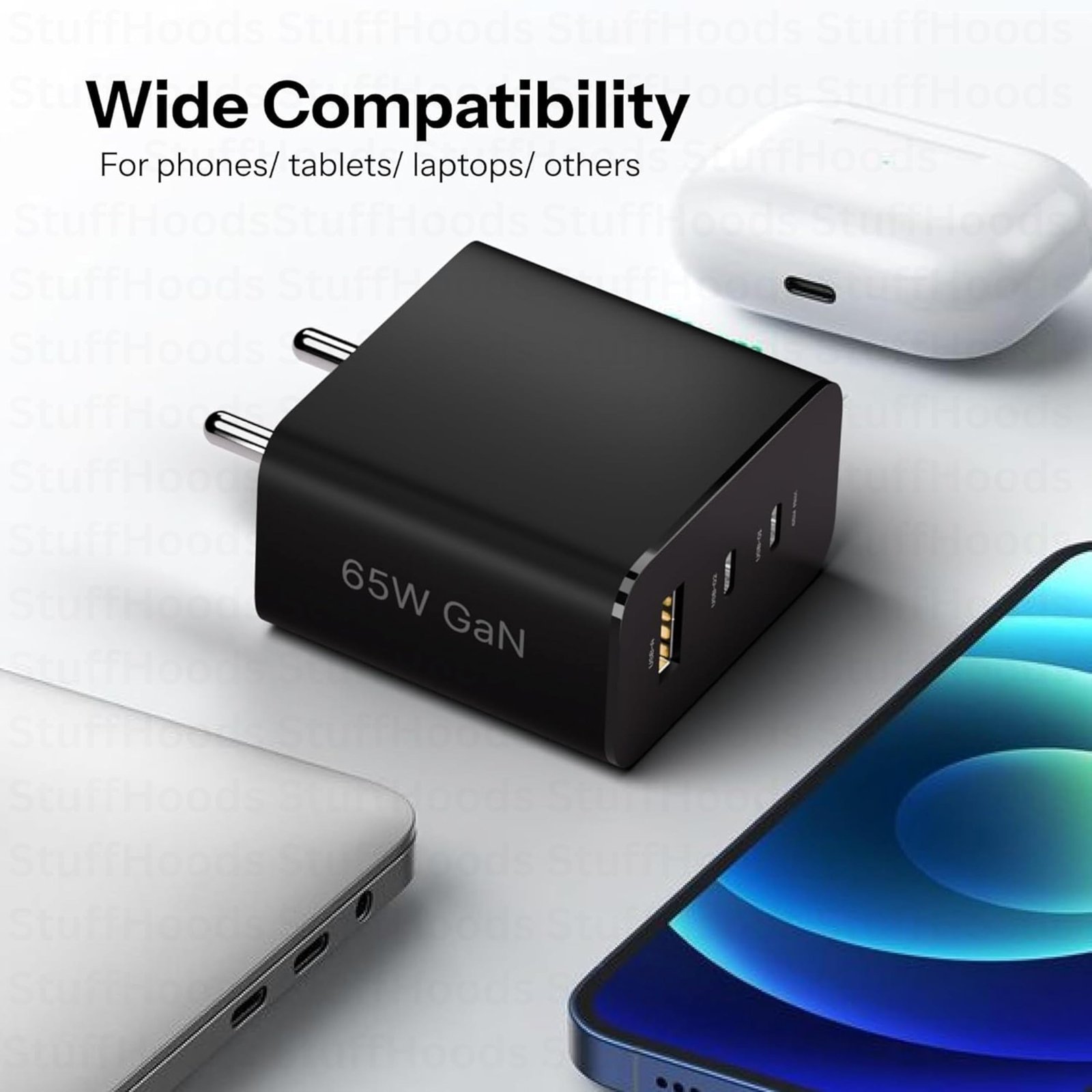 65W GaN 3-Port Type-C Fast Wall Adaptor Quick Charge 3A Compatible with CMF by Nothing 2/2A Plus, USB-C Phones, Android Devices, Portable Fast Charging Adaptor - White - Image 8