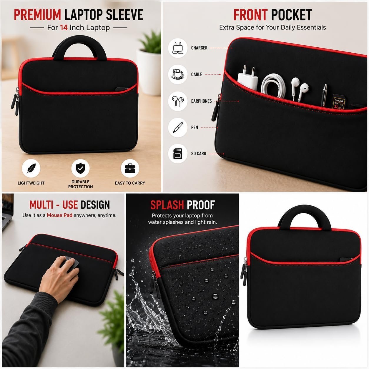 Laptop Sleeve Bag for 14 Inch Laptop | Neoprene Laptop Carrying Case with Handle & Front Zipper Pocket | Protective Computer Bag for Office, College & Travel | Black - Image 7