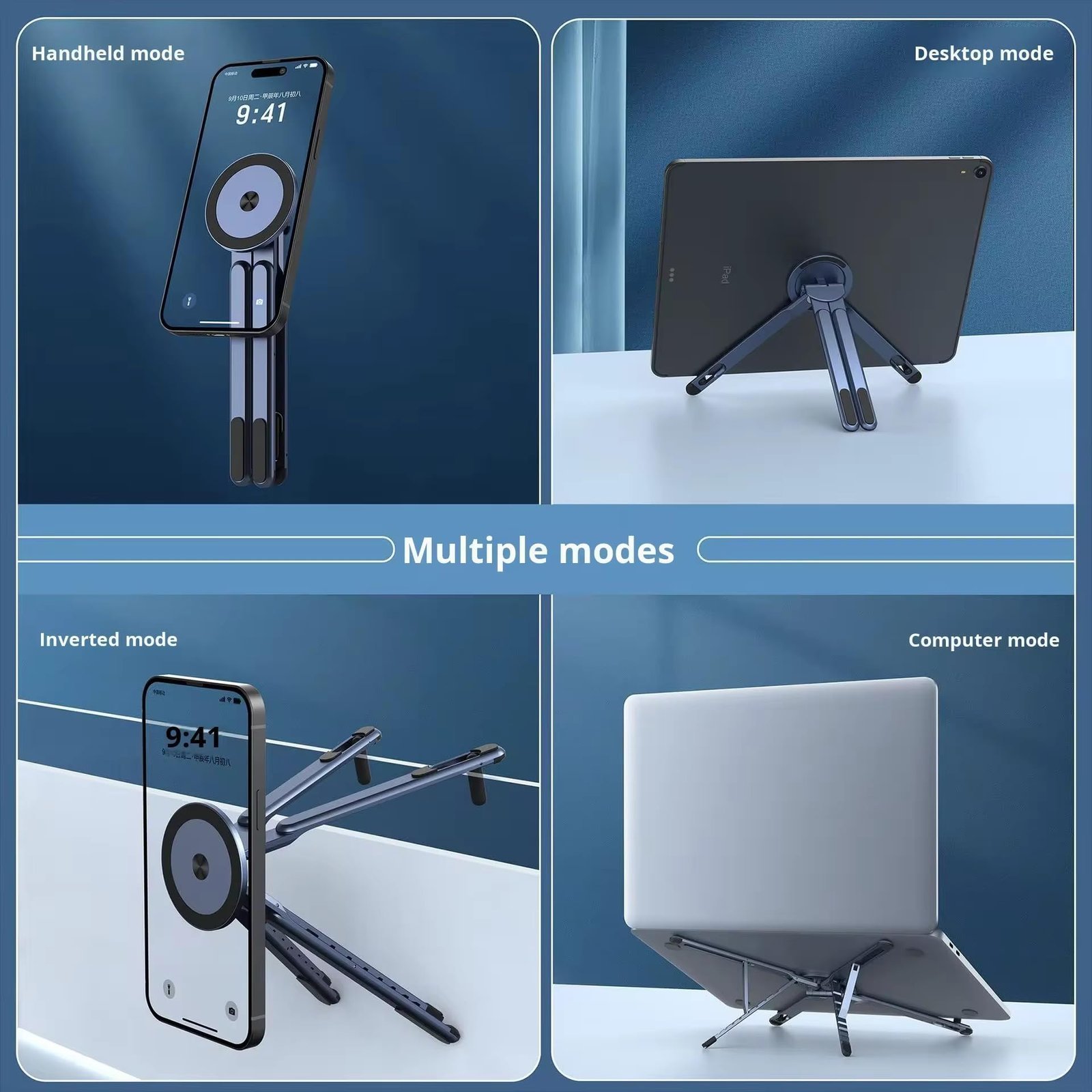 Magnetic Phone Tripod Stand, 3-in-1 Adjustable Holder for iPhone iPad Laptop, 8-Level Height & Angle, Portable Aluminum Alloy Desktop Stand, Compatible with 4-13” iPhone, 10-16” Laptops & Tablets - Image 4