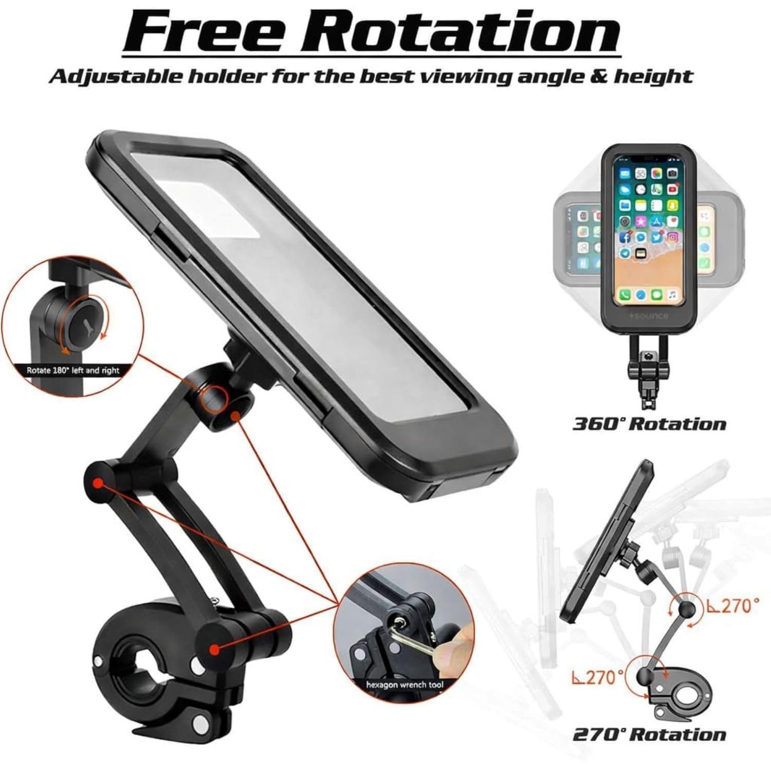 Waterproof Mobile Phone Holder for Bike & Motorcycle | 360° Rotating Adjustable Handlebar Mount | Shockproof & Secure Bike Mobile Stand | Universal Fit for All Smartphones - Image 2