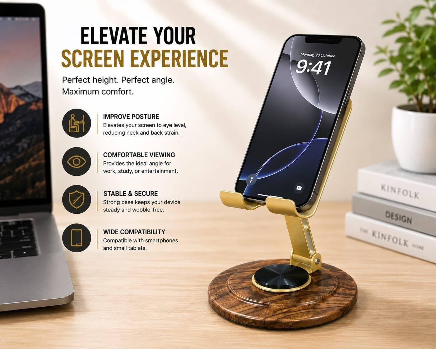 Foldable Metal Mobile Phone Stand with 360° Rotating Base, Adjustable Height & Angle, Desktop Holder for Smartphones & Tablets (Gold) - Image 8