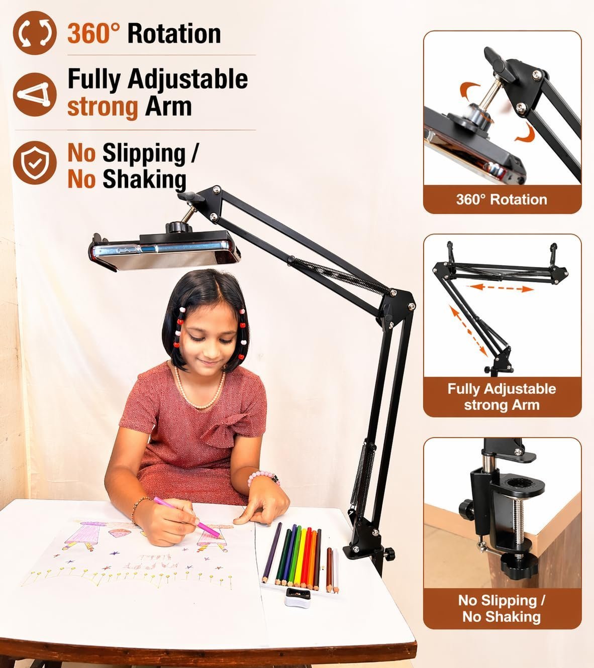 Adjustable Mobile Stand for Desk with Clamp | Overhead Arm Phone Holder for Video Recording, Online Classes & Live Streaming | 360° Flexible Long Arm | Compatible with All Smartphone - Image 7