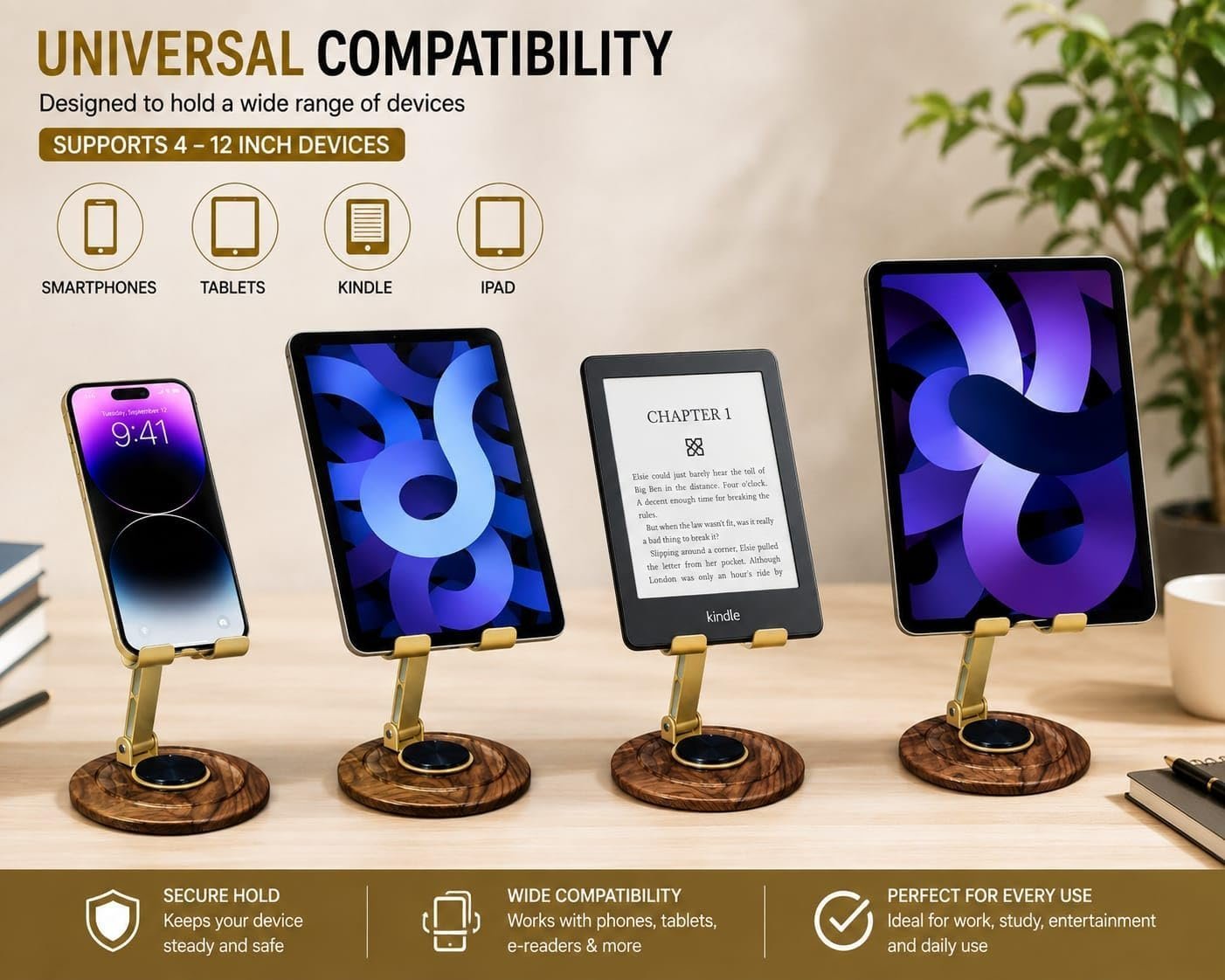 Foldable Metal Mobile Phone Stand with 360° Rotating Base, Adjustable Height & Angle, Desktop Holder for Smartphones & Tablets (Gold) - Image 3