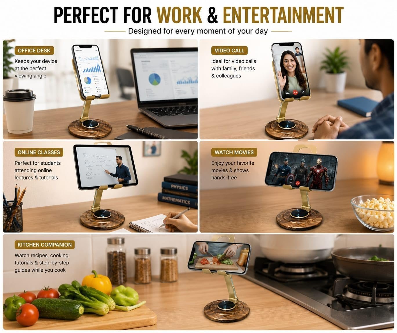 Foldable Metal Mobile Phone Stand with 360° Rotating Base, Adjustable Height & Angle, Desktop Holder for Smartphones & Tablets (Gold) - Image 2