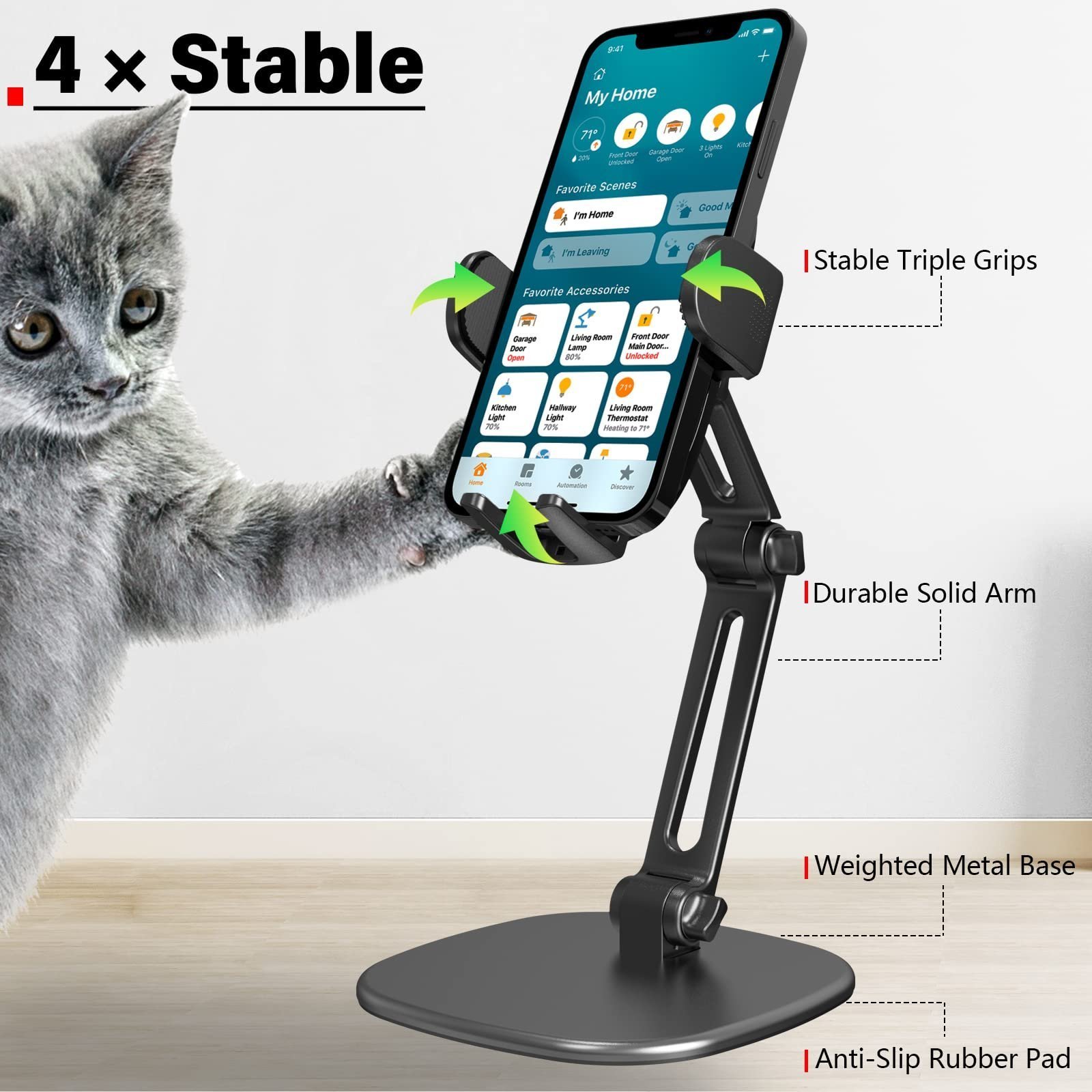 Height-Adjustable Phone Stand with Triple Clamp and Heavy Base - Image 2