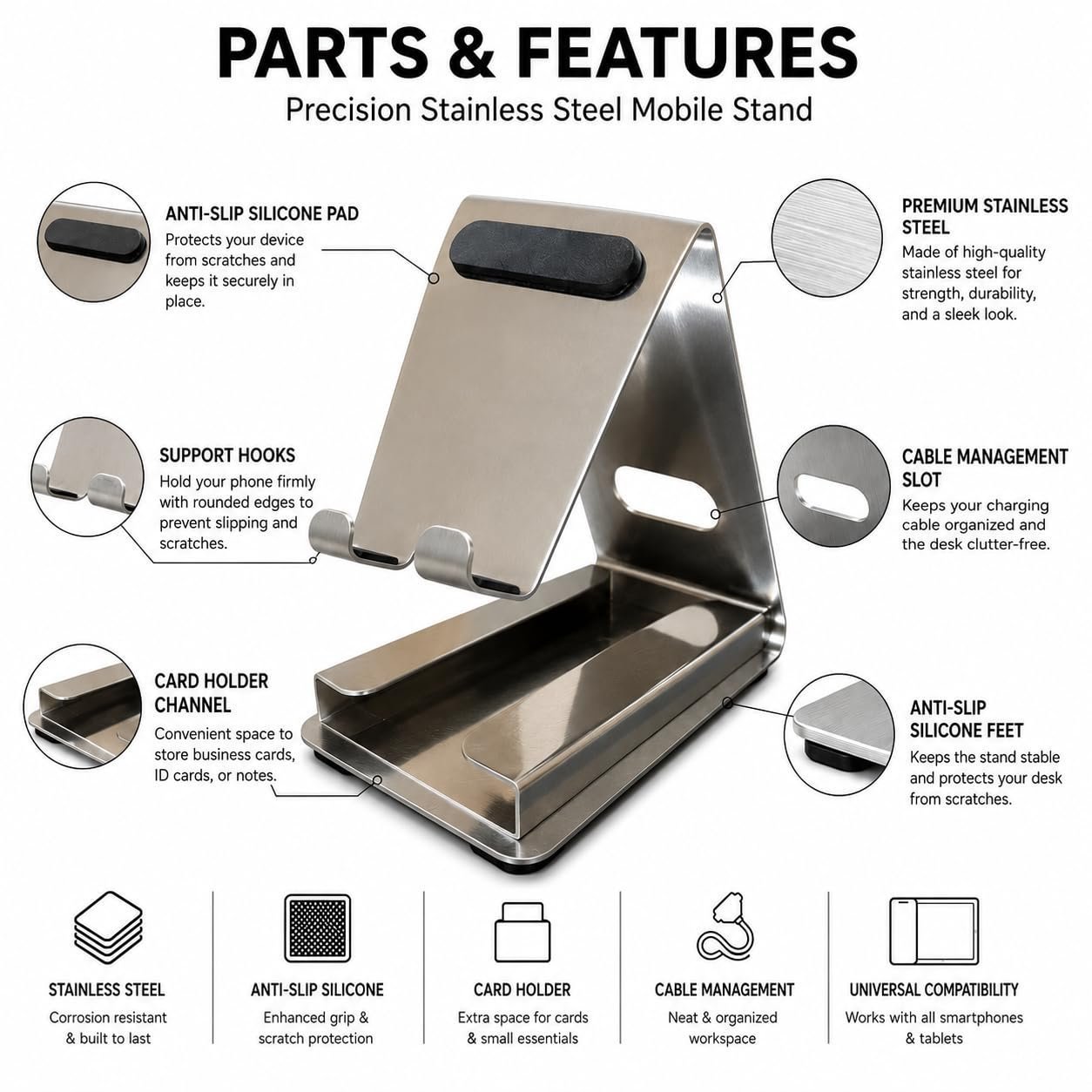 Mobile Stand with Card Holder for Table/Desk, Stainless Steel Phone Holder, Hands-Free Desktop Stand for Smartphones - Image 3