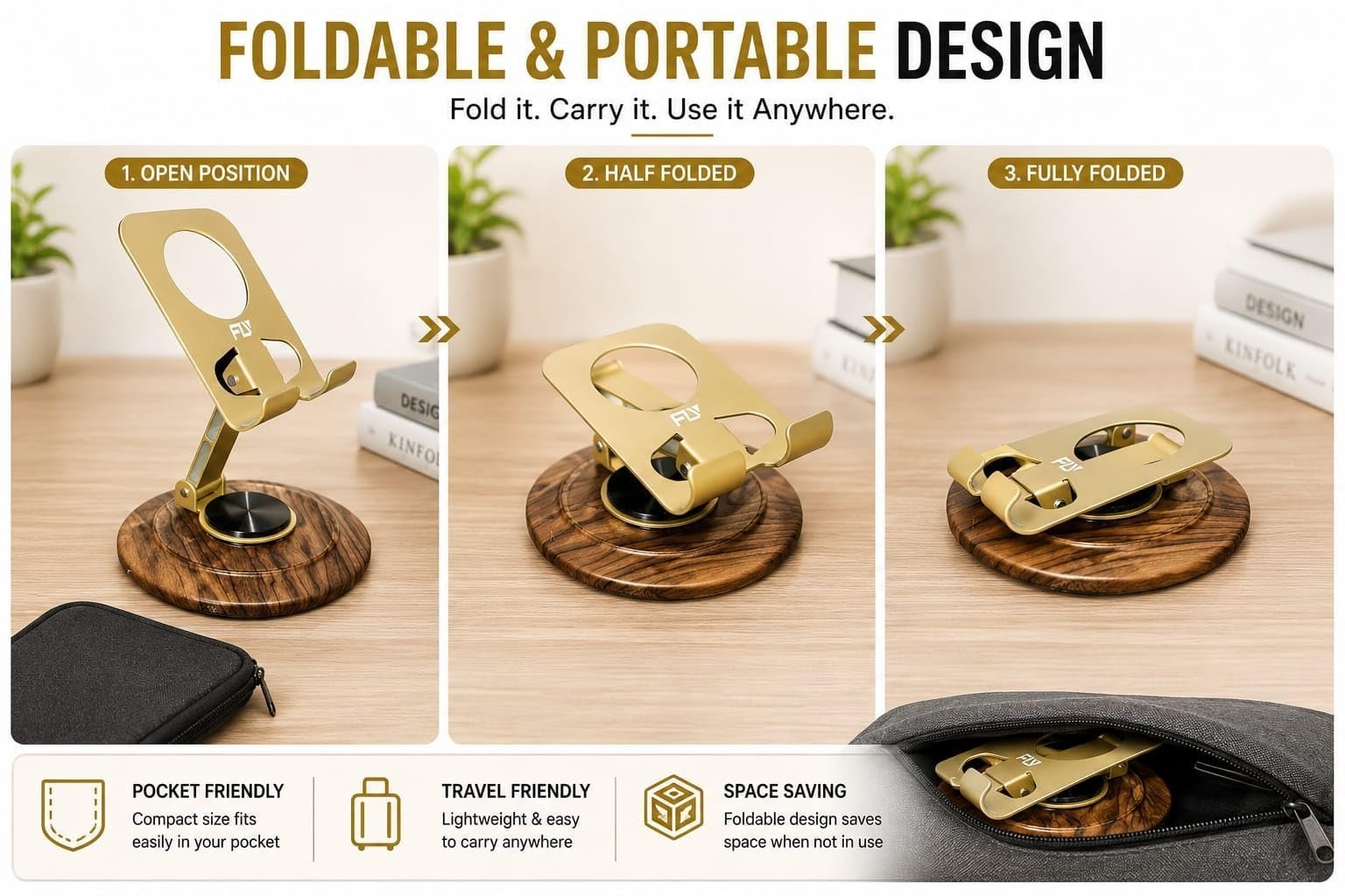 Foldable Metal Mobile Phone Stand with 360° Rotating Base, Adjustable Height & Angle, Desktop Holder for Smartphones & Tablets (Gold) - Image 5