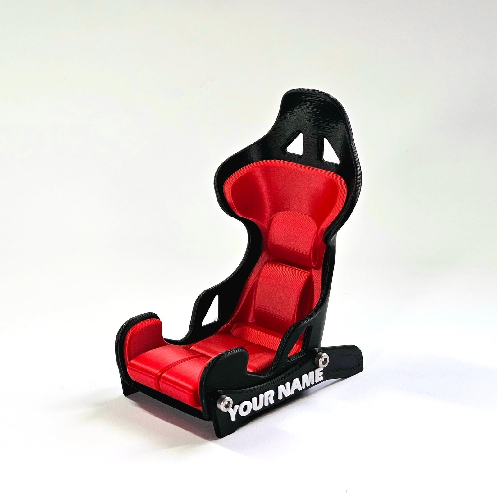 Racing Seat Mobile Phone Stand – Motorsport Bucket Seat Design Cell Phone Holder for Desk, Table & Gaming Setup, Compact Cradle for Smartphones, Black & Red, Gift for F1 & Sim Racing Fans
