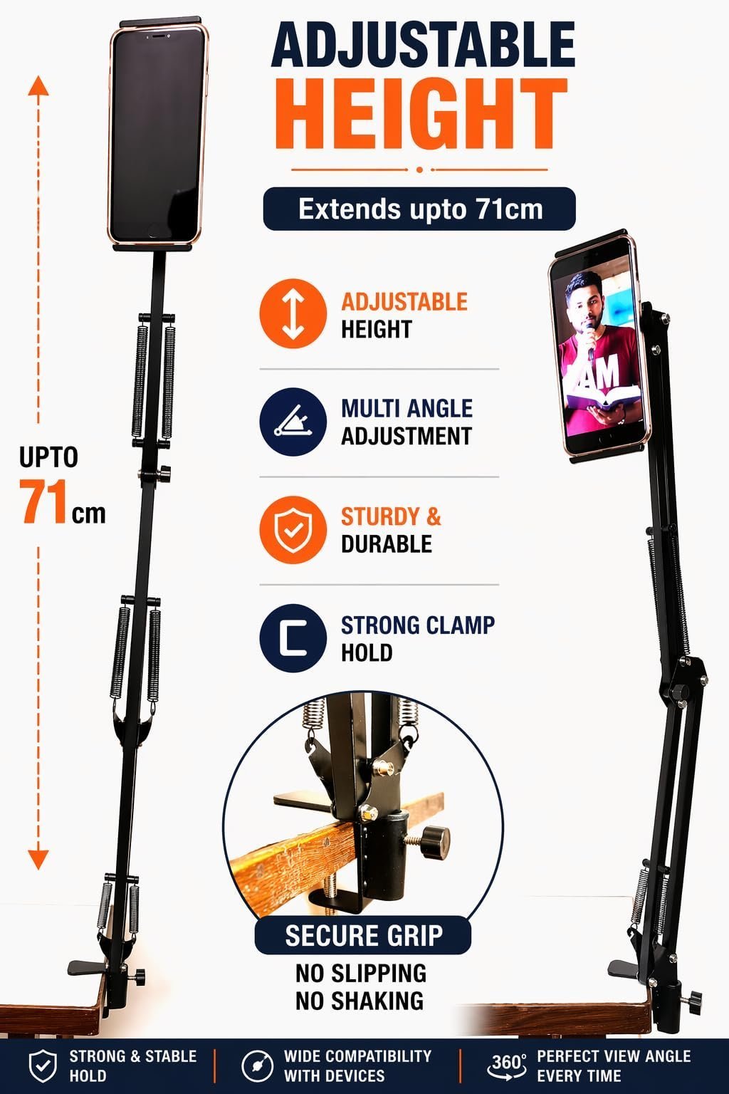 Adjustable Mobile Stand for Desk with Clamp | Overhead Arm Phone Holder for Video Recording, Online Classes & Live Streaming | 360° Flexible Long Arm | Compatible with All Smartphone - Image 5