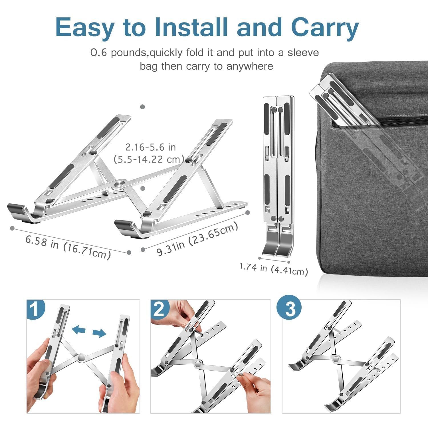 Laptop Stand 6 Angles Adjustable Aluminum Ergonomic Foldable Portable Tabletop Laptop/Desktop Riser Stand Holder Compatible for MacBook, HP, Dell, Lenovo & All Other Notebook (Grey) - Image 2