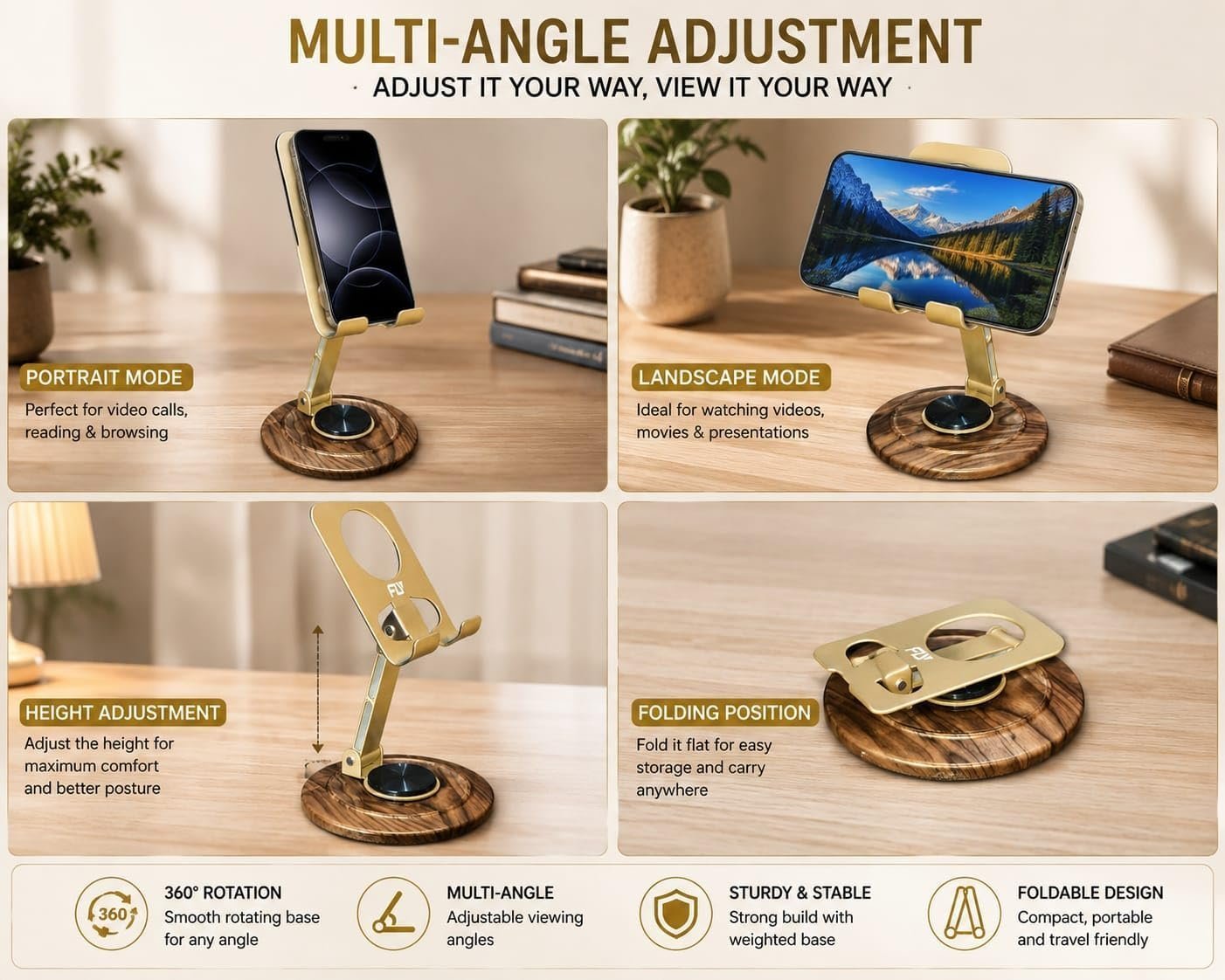 Foldable Metal Mobile Phone Stand with 360° Rotating Base, Adjustable Height & Angle, Desktop Holder for Smartphones & Tablets (Gold) - Image 4