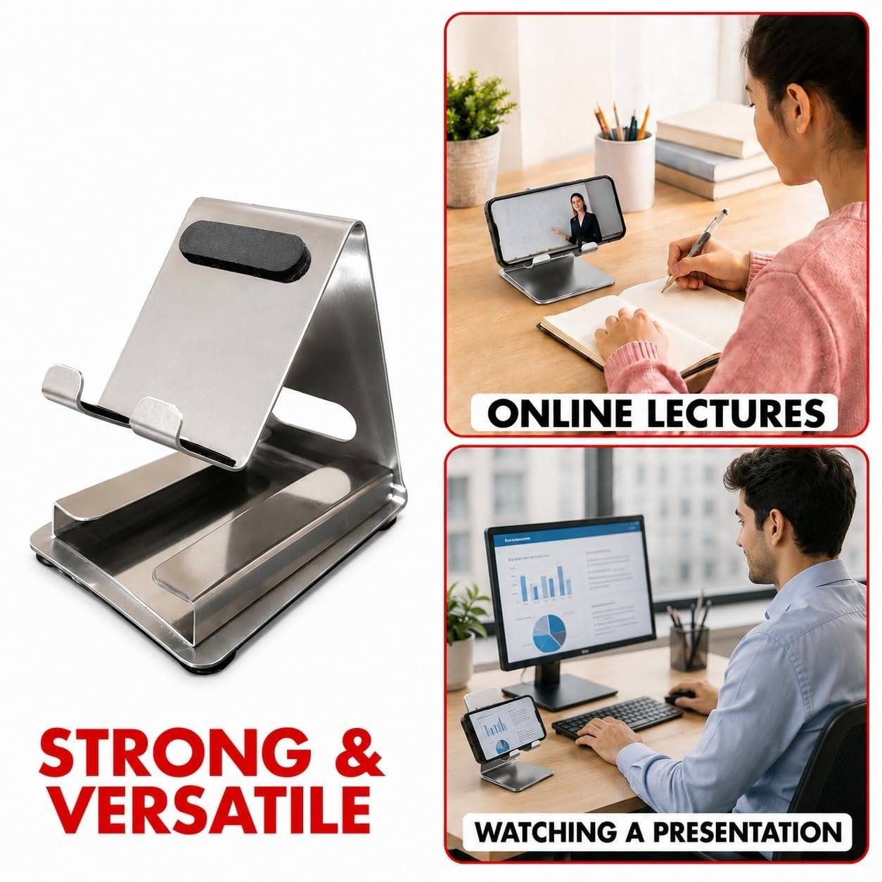 Mobile Stand with Card Holder for Table/Desk, Stainless Steel Phone Holder, Hands-Free Desktop Stand for Smartphones - Image 2