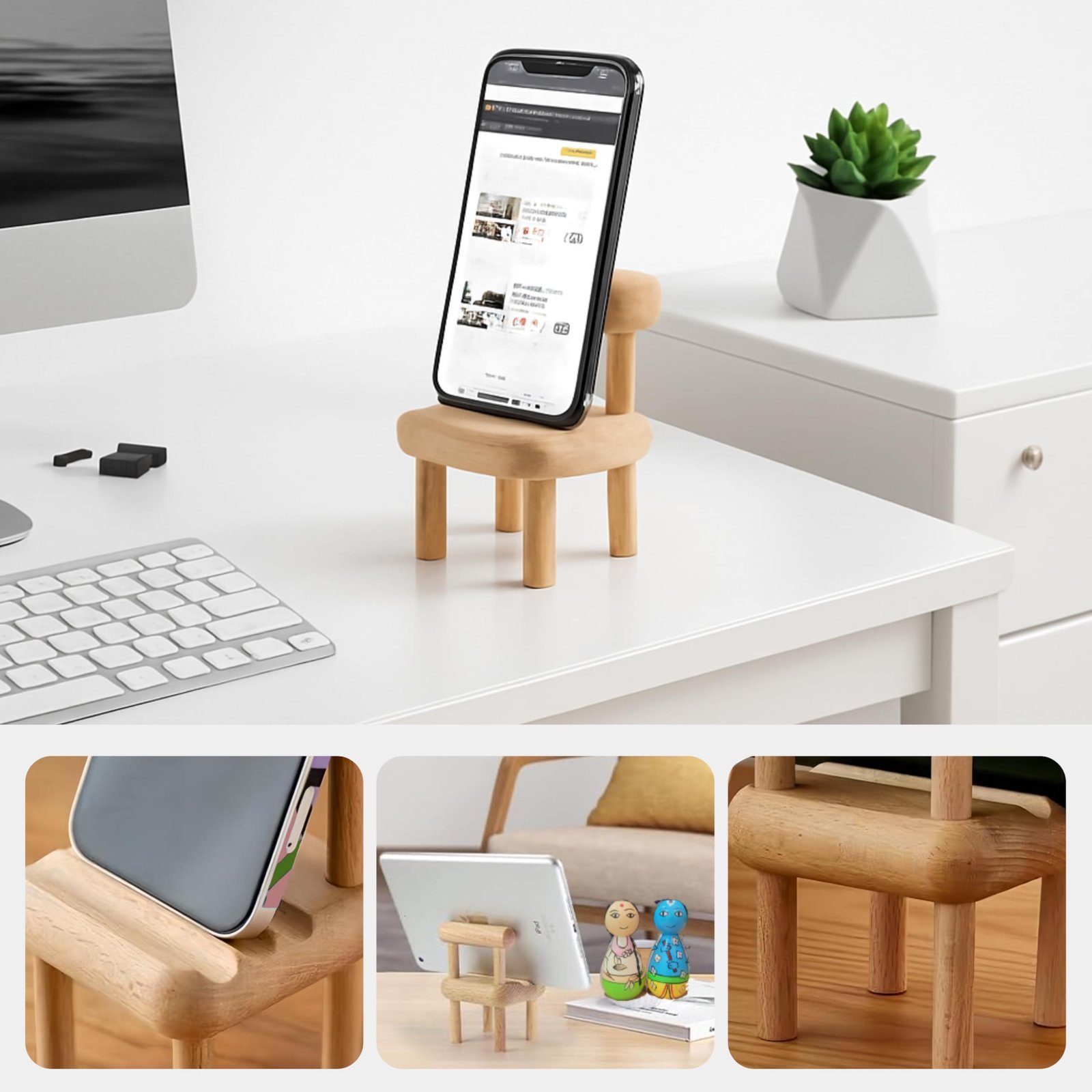 Wooden Mobile Stand | Mini Chair Shaped Phone Holder | Universal Smartphone Stand (Natural Wood Finish) - Image 3