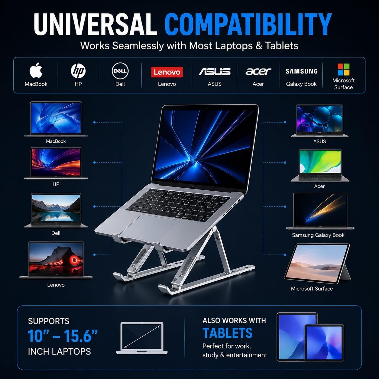 Aluminum Foldable Laptop Stand for Desk, Adjustable Ergonomic Notebook Stand, Portable Ventilated Laptop Riser Compatible with MacBook, HP, Dell, Lenovo, ASUS & Laptops Up to 17.3 Inch - Image 6