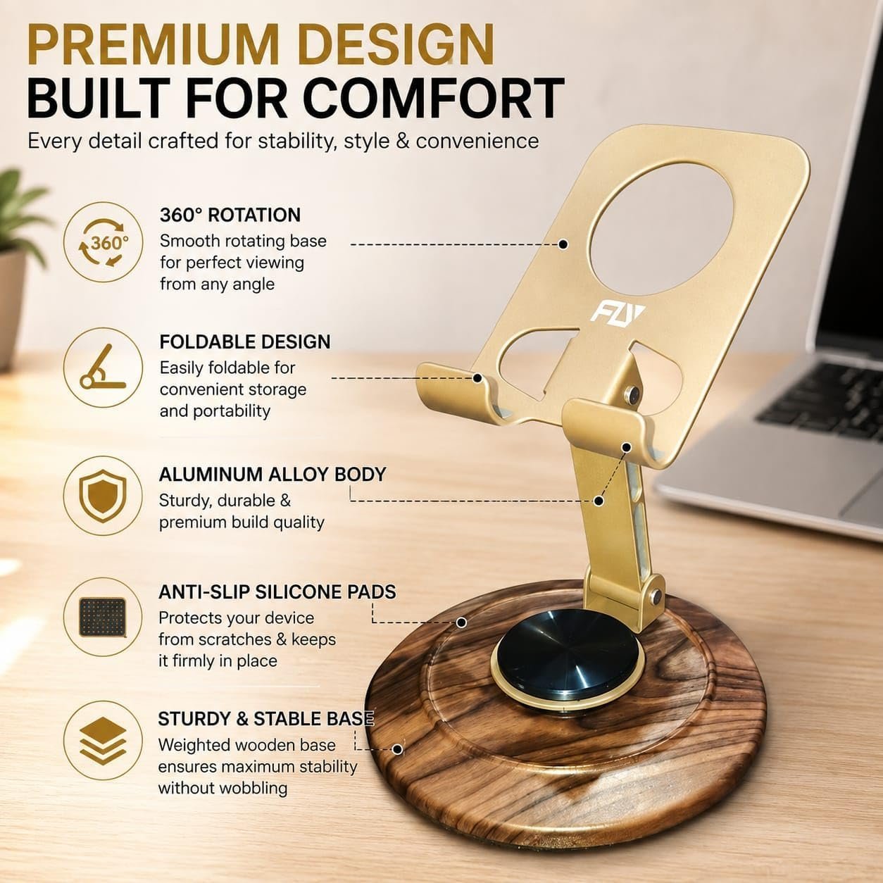 Foldable Metal Mobile Phone Stand with 360° Rotating Base, Adjustable Height & Angle, Desktop Holder for Smartphones & Tablets (Gold) - Image 7