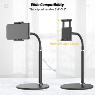 Cell Phone Stand, Adjustable Height & Angle Phone Holder Gooseneck Flexible Arm Universal Phone Stand for Desk, Aluminum Alloy Desktop Cell Phone Holder Compatible with 3.5"-6.5" Device (Black)