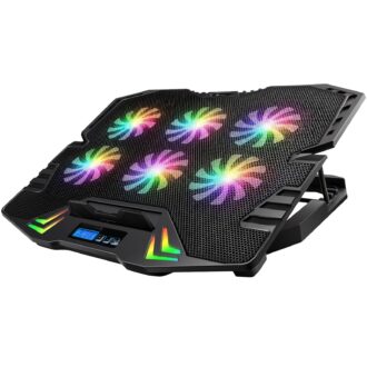 RGB Laptop Cooling Pad for Up to 15.6 Inch Laptops, 6 High-Speed Fans, 1900 RPM, Digital LED Display, 5-Level Height Adjustment, Dual USB, Iron Mesh, Ultra-Quiet